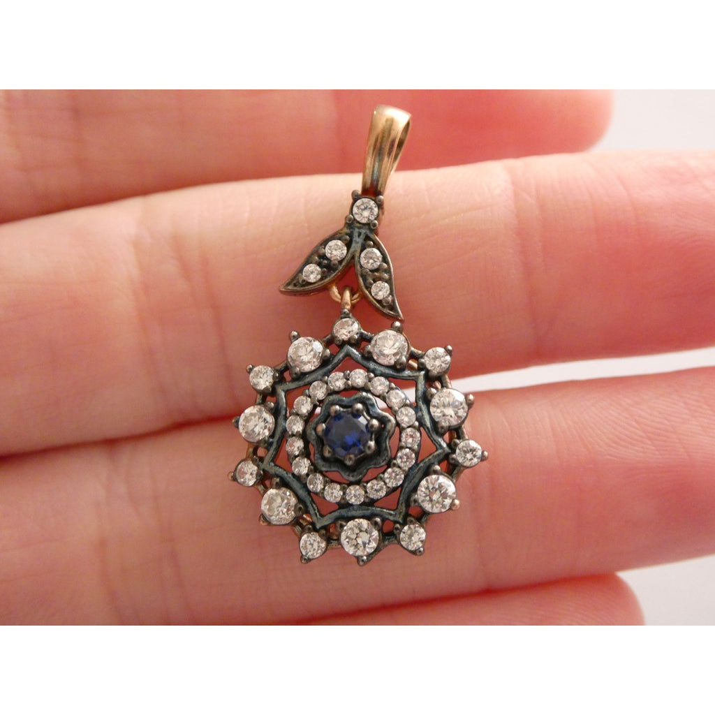 Gilt Sterling Silver Blue Spinel Center White CZ Accents Floral Pendant 3g 32mm