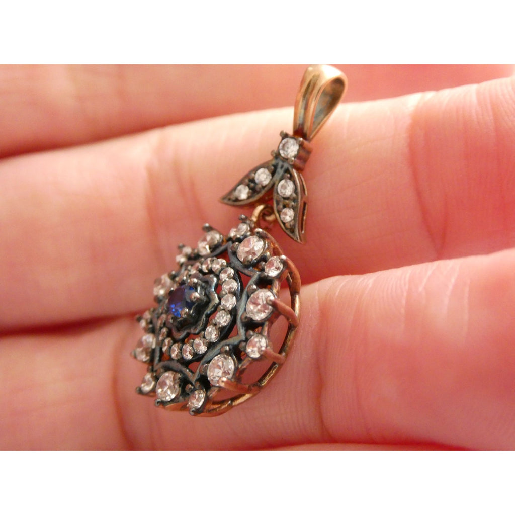 Gilt Sterling Silver Blue Spinel Center White CZ Accents Floral Pendant 3g 32mm