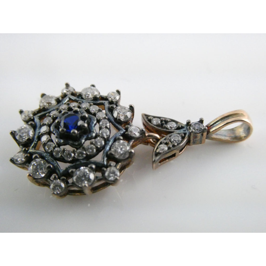 Gilt Sterling Silver Blue Spinel Center White CZ Accents Floral Pendant 3g 32mm