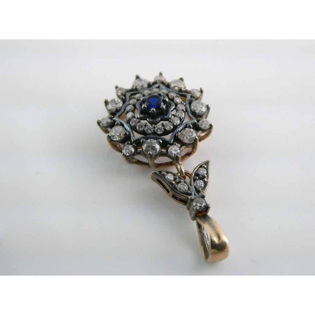 Gilt Sterling Silver Blue Spinel Center White CZ Accents Floral Pendant 3g 32mm