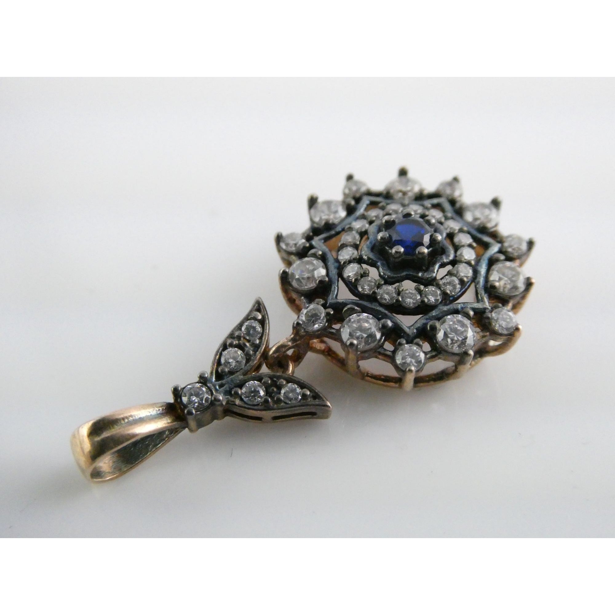 Gilt Sterling Silver Blue Spinel Center White CZ Accents Floral Pendant 3g 32mm