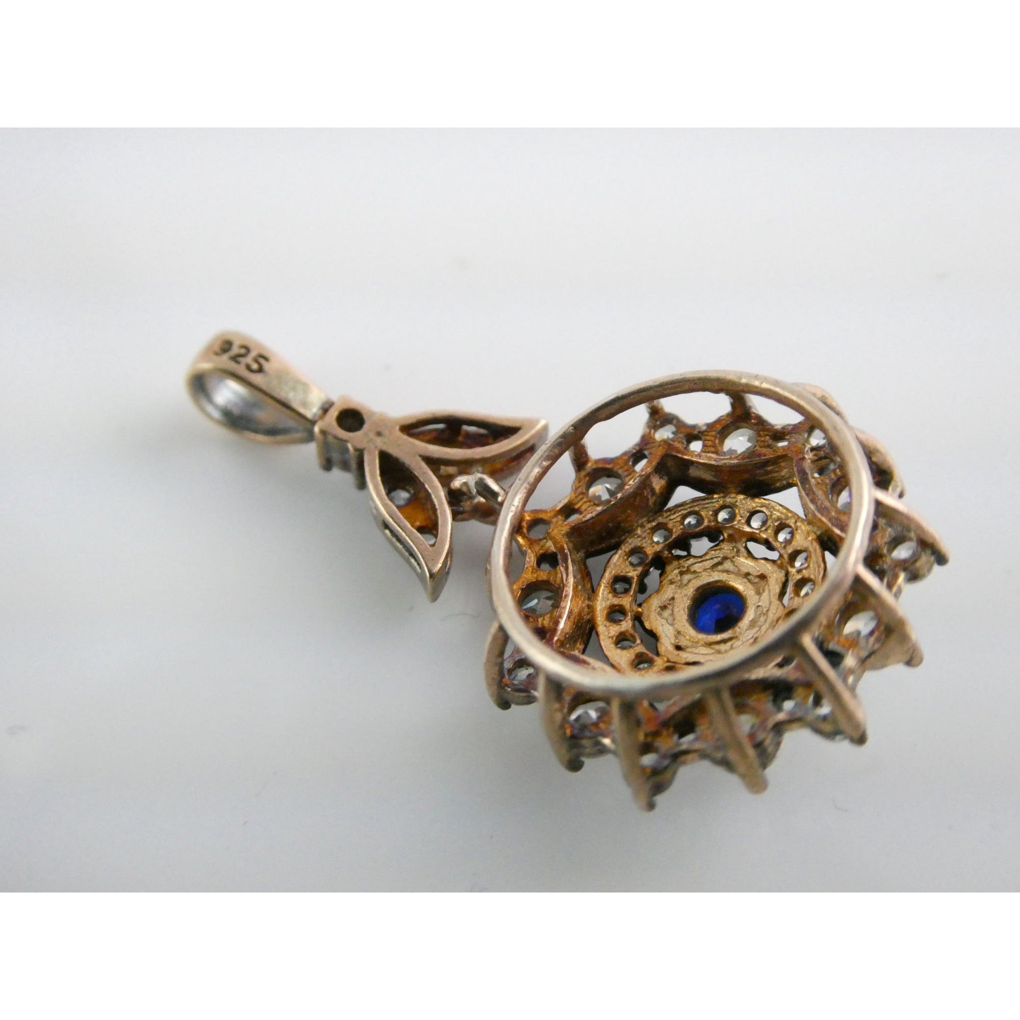 Gilt Sterling Silver Blue Spinel Center White CZ Accents Floral Pendant 3g 32mm