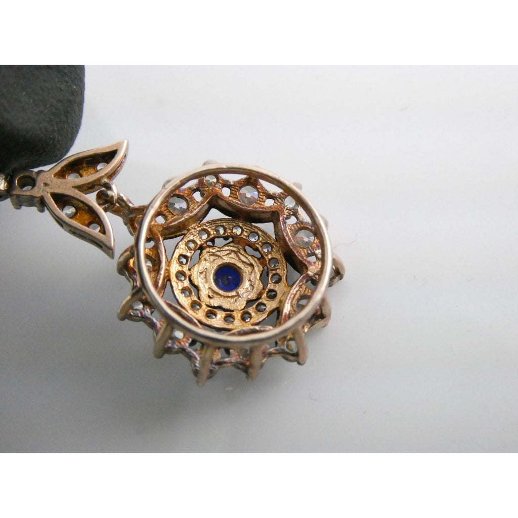 Gilt Sterling Silver Blue Spinel Center White CZ Accents Floral Pendant 3g 32mm