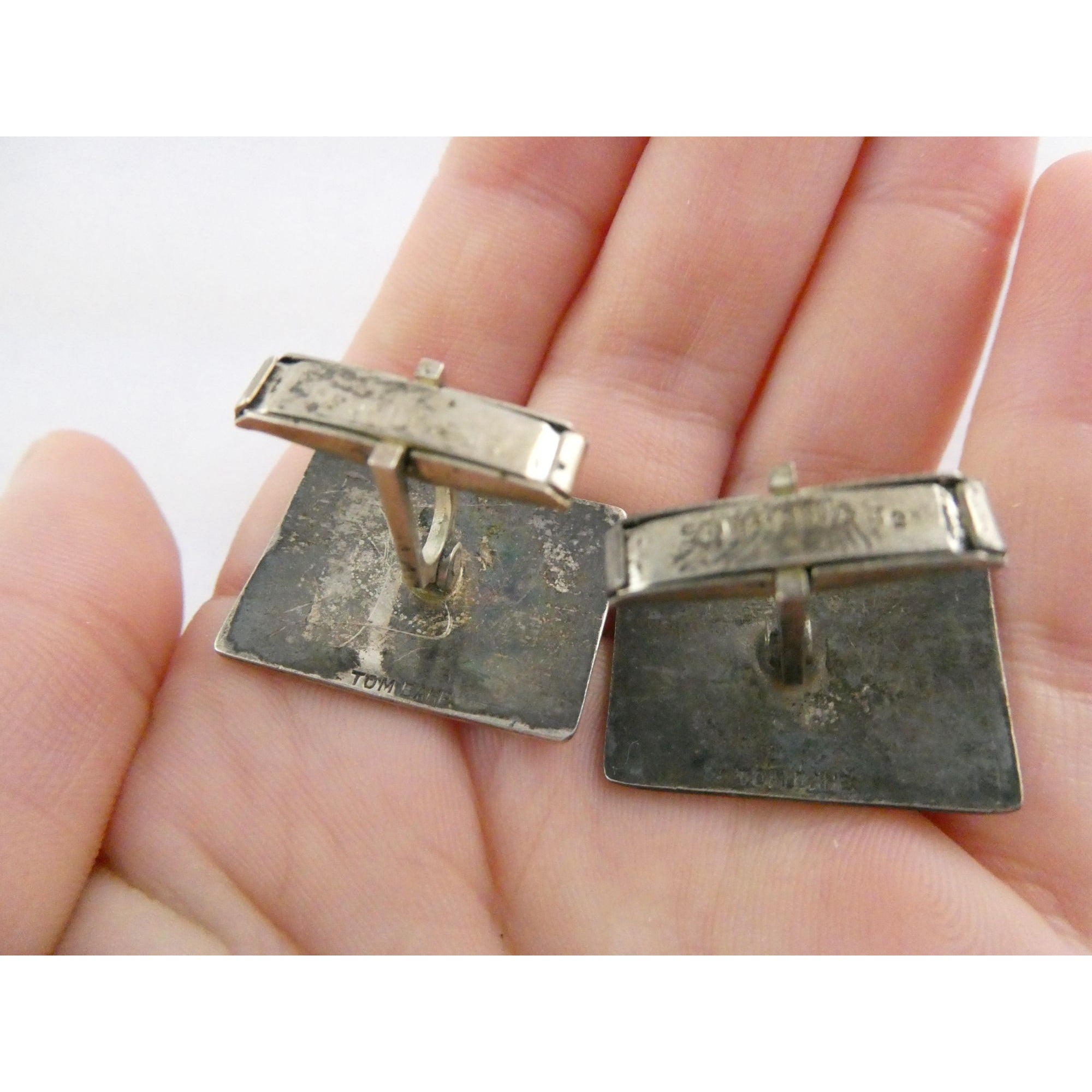 Vintage Tom Bahe NA Navajo Sterling Silver Glyph Cufflinks 15.4g 1 Inch Wide