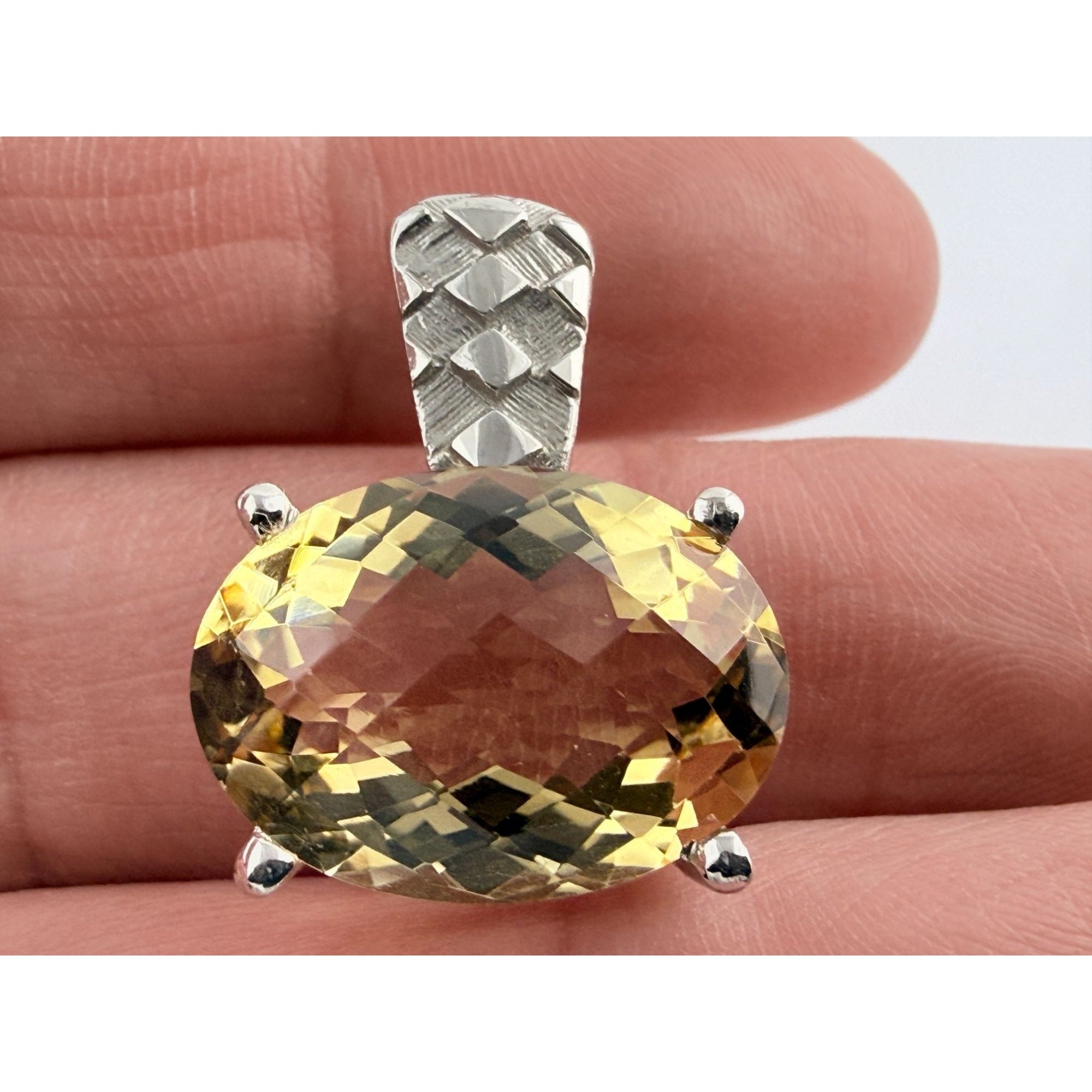Designer Sterling Silver Faceted Oval Cut Citrine Pendant 925 5.6g 24mm Length