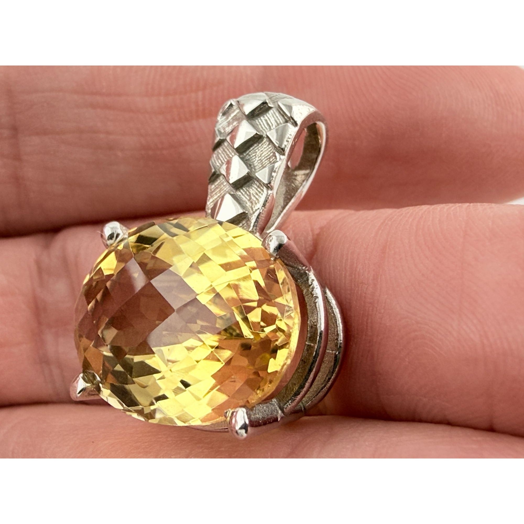Designer Sterling Silver Faceted Oval Cut Citrine Pendant 925 5.6g 24mm Length