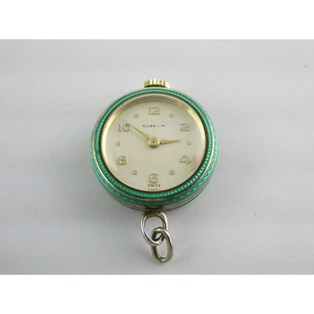 Vintage Gubelin Swiss Green Guilloche Enamel Pendant Watch Sterling Silver WORKS