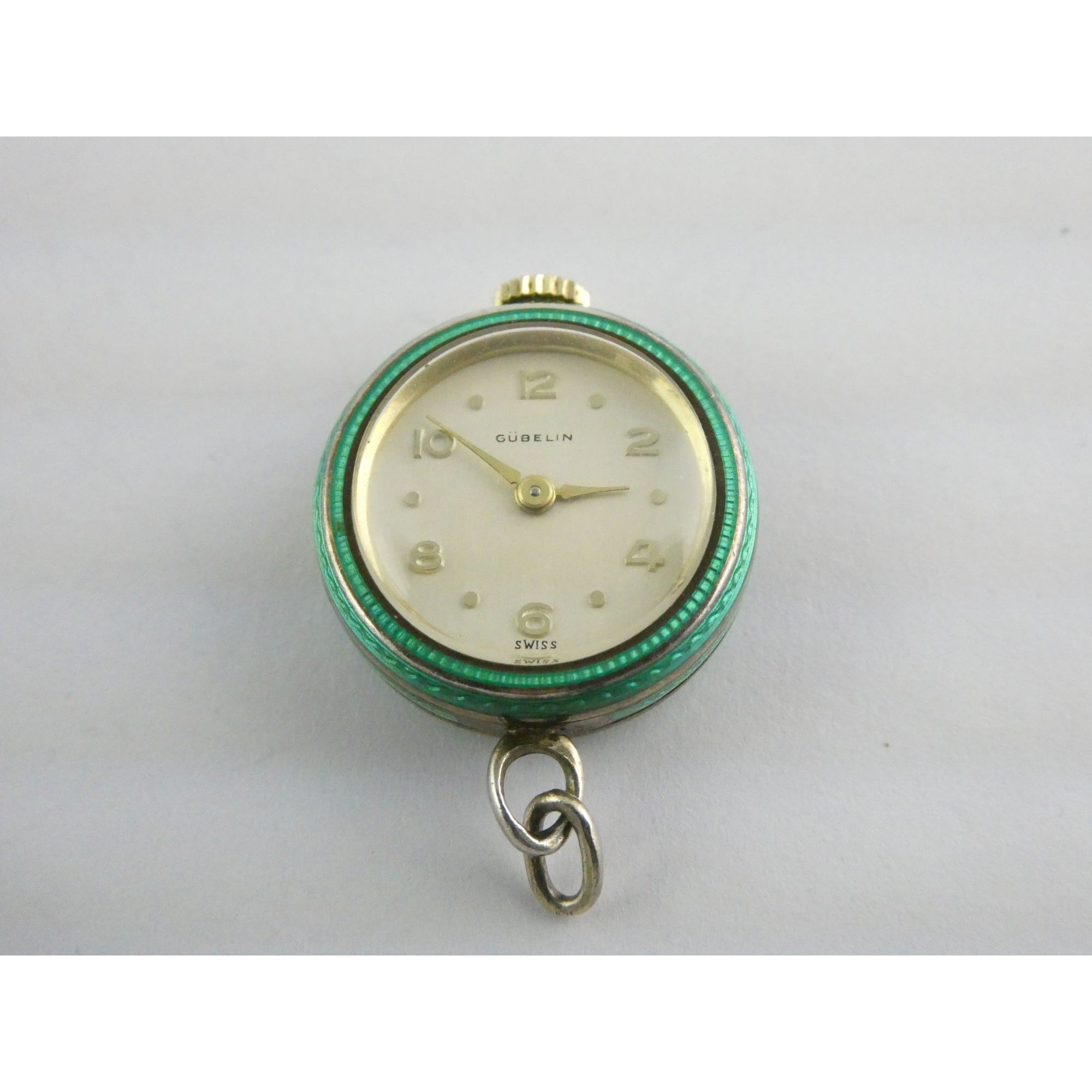 Vintage Gubelin Swiss Green Guilloche Enamel Pendant Watch Sterling Silver WORKS