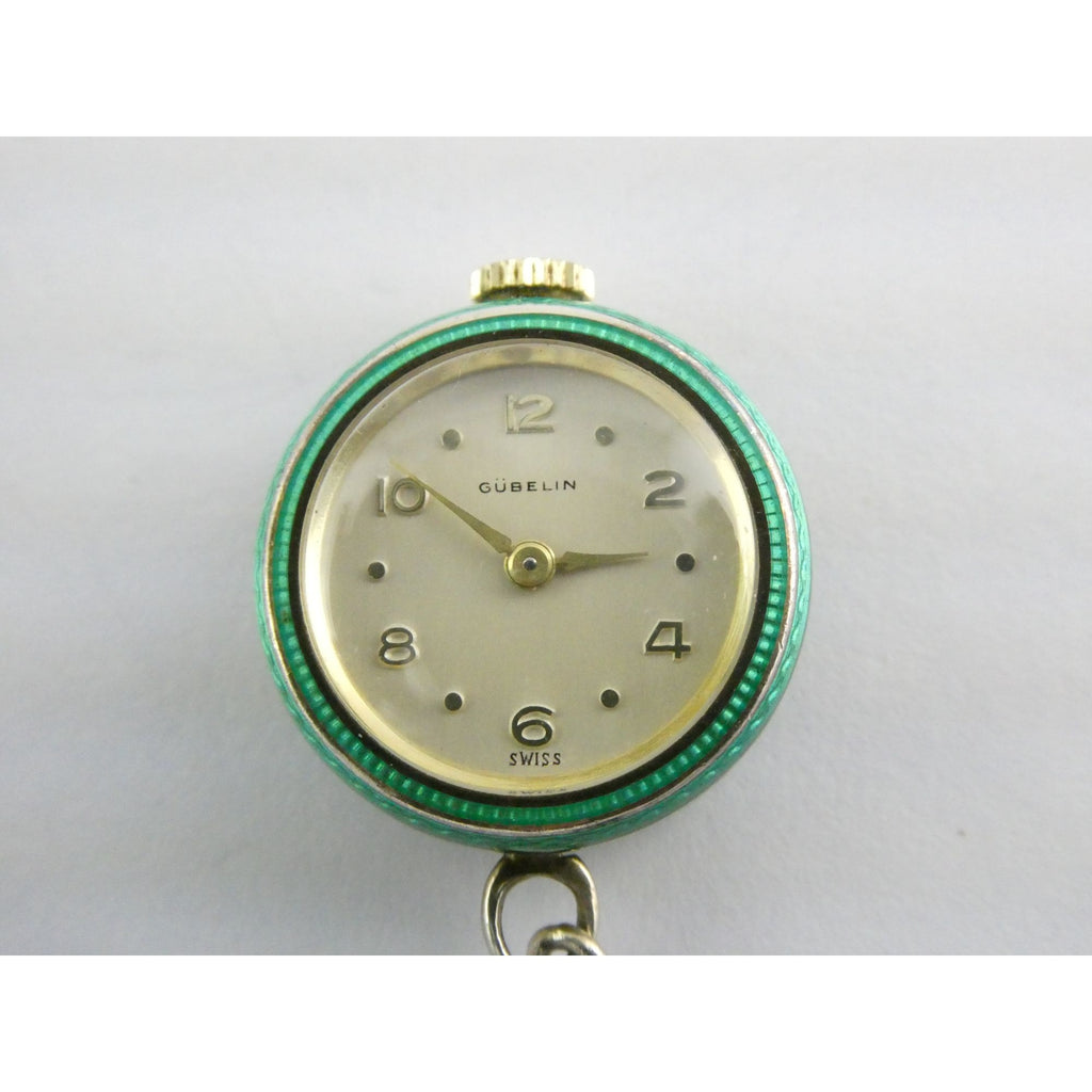 Vintage Gubelin Swiss Green Guilloche Enamel Pendant Watch Sterling Silver WORKS
