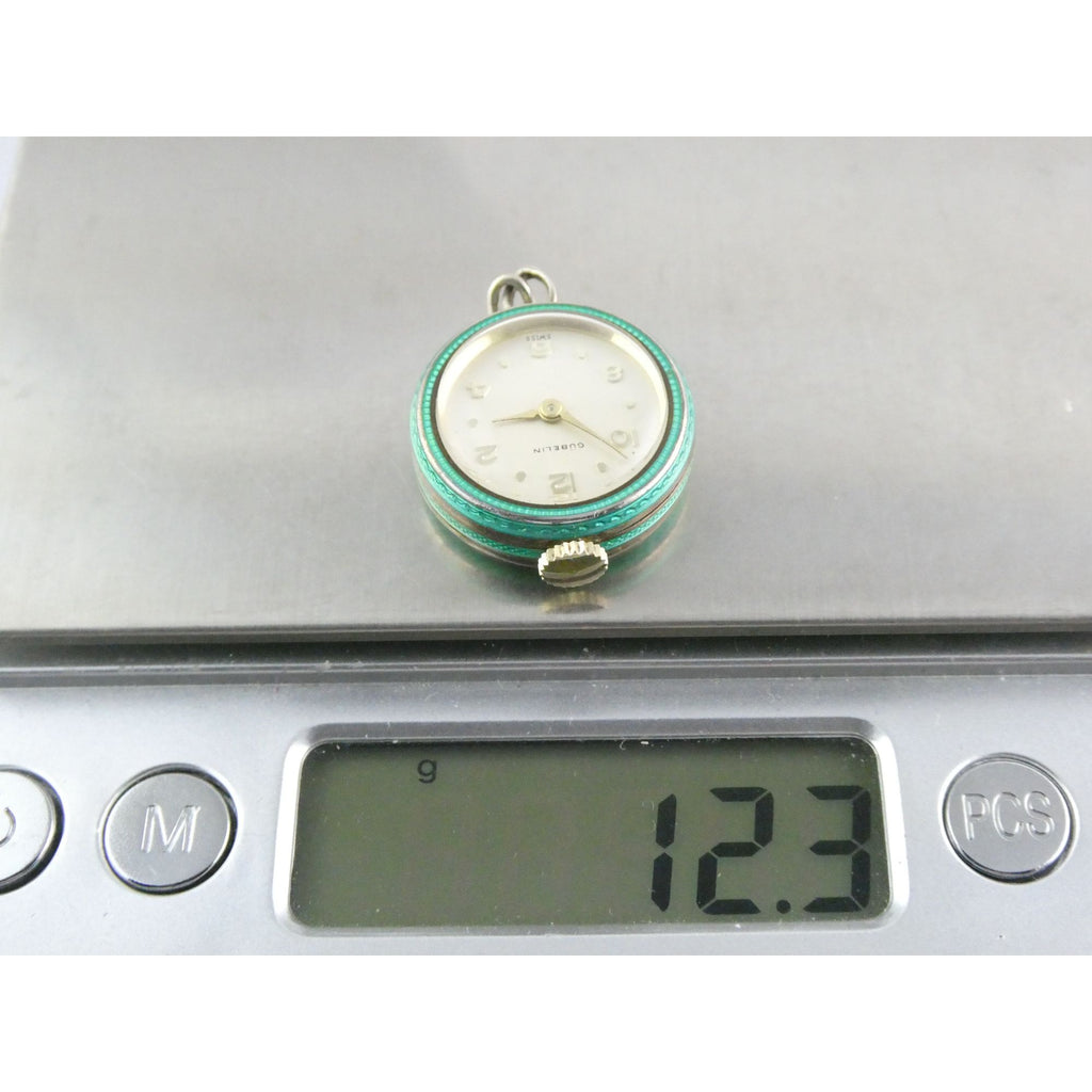 Vintage Gubelin Swiss Green Guilloche Enamel Pendant Watch Sterling Silver WORKS