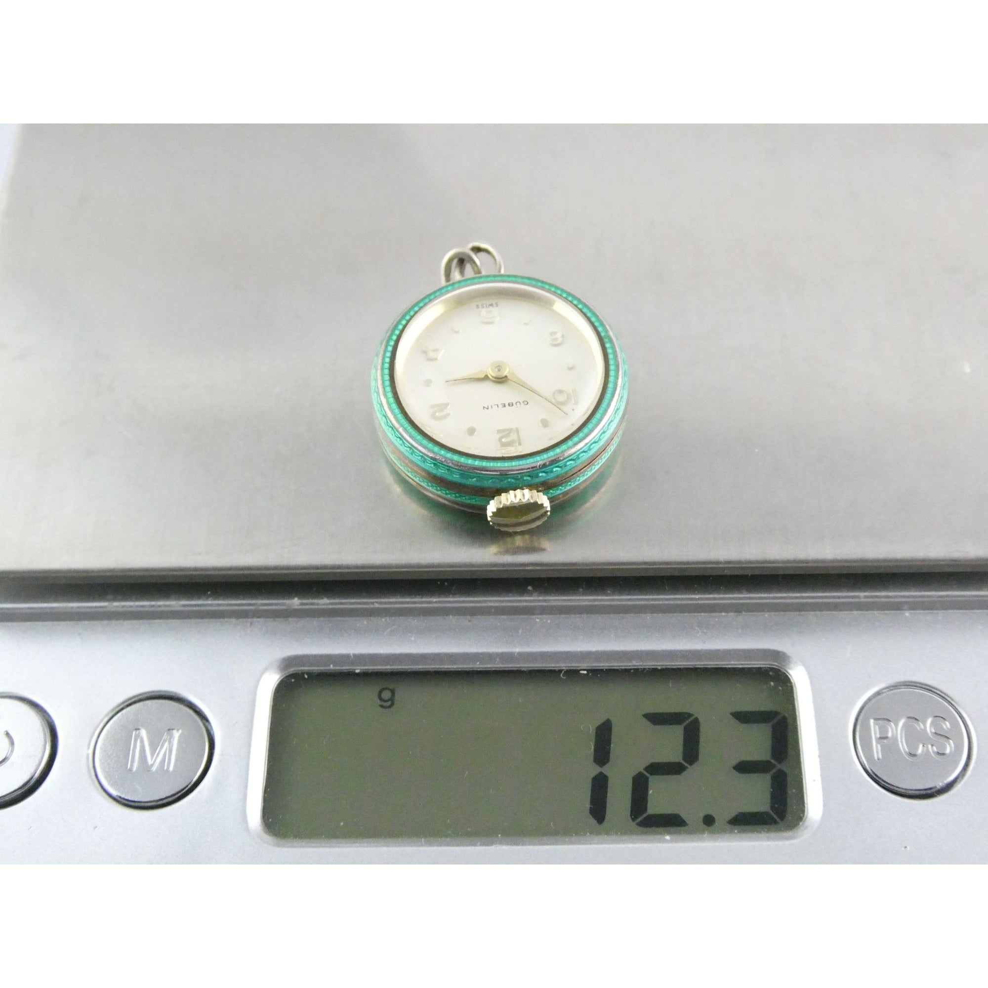 Vintage Gubelin Swiss Green Guilloche Enamel Pendant Watch Sterling Silver WORKS
