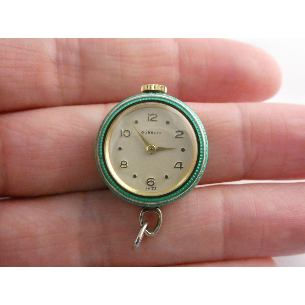 Vintage Gubelin Swiss Green Guilloche Enamel Pendant Watch Sterling Silver WORKS