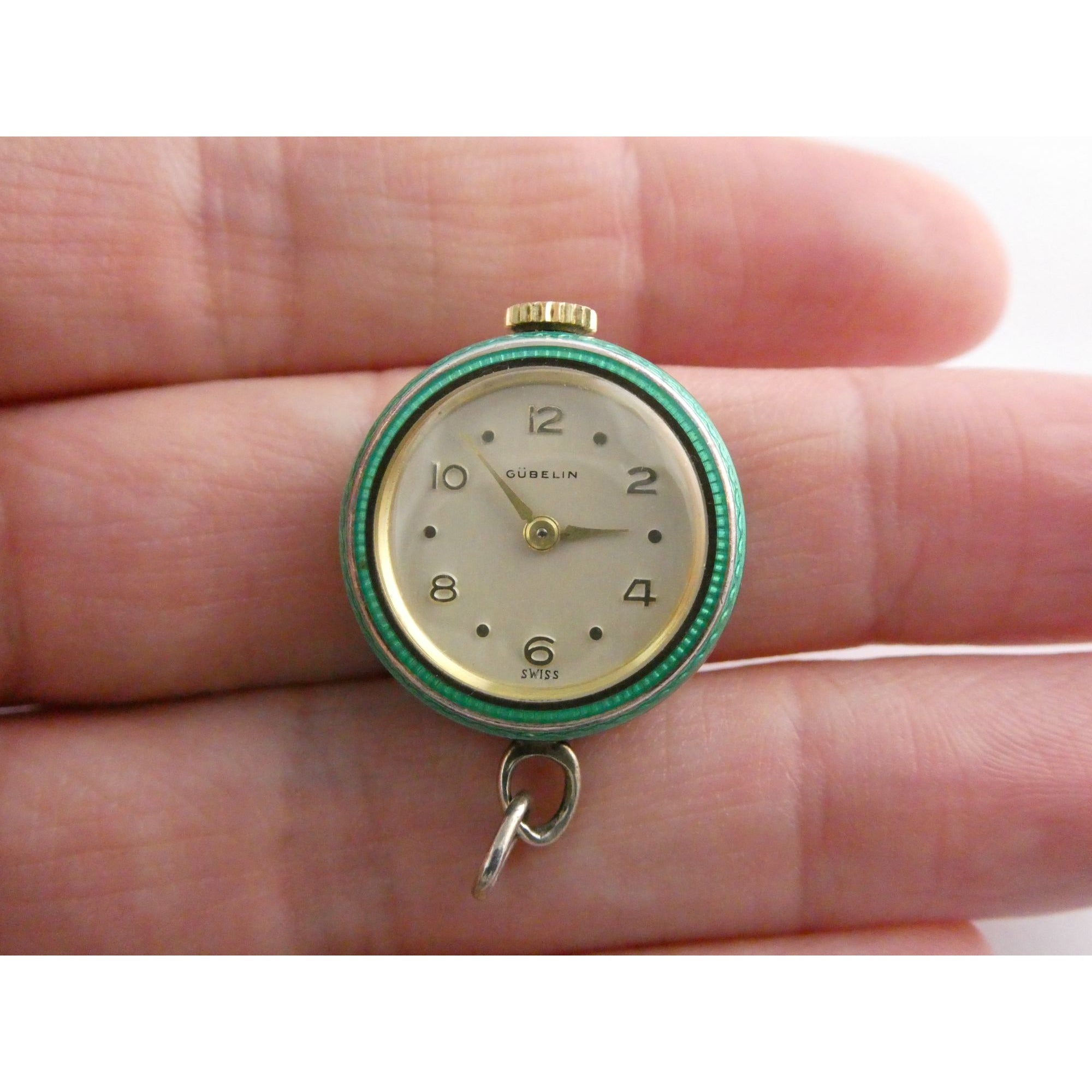 Vintage Gubelin Swiss Green Guilloche Enamel Pendant Watch Sterling Silver WORKS