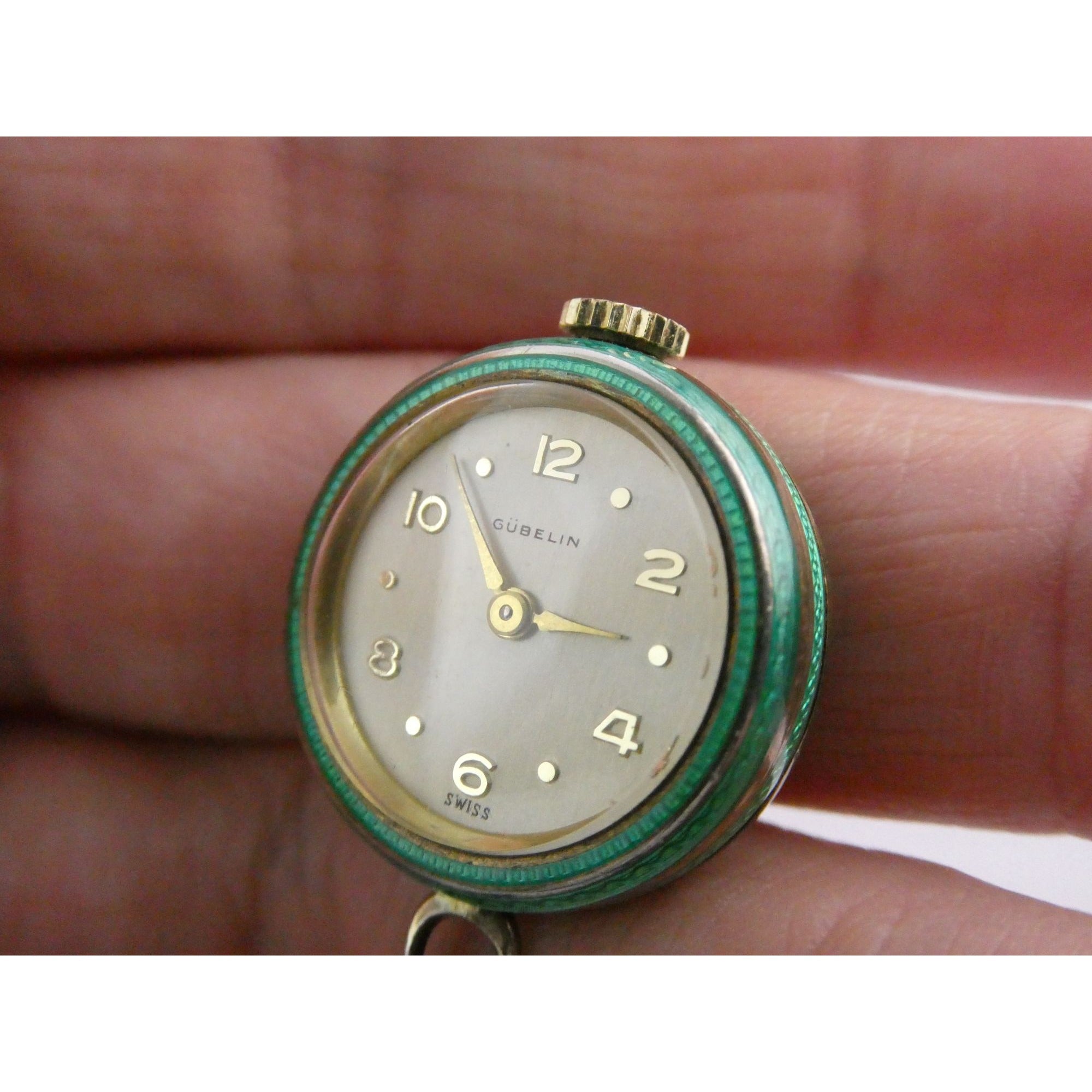 Vintage Gubelin Swiss Green Guilloche Enamel Pendant Watch Sterling Silver WORKS