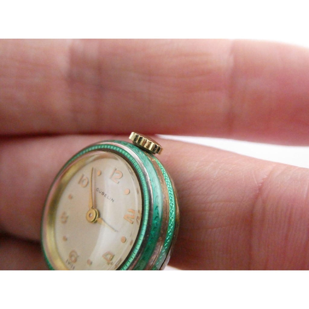 Vintage Gubelin Swiss Green Guilloche Enamel Pendant Watch Sterling Silver WORKS