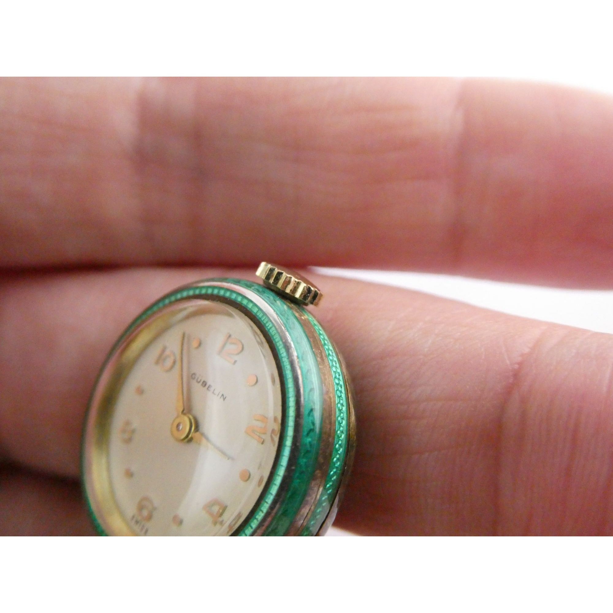 Vintage Gubelin Swiss Green Guilloche Enamel Pendant Watch Sterling Silver WORKS
