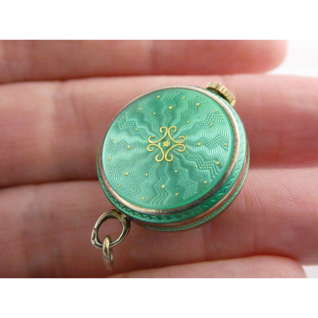 Vintage Gubelin Swiss Green Guilloche Enamel Pendant Watch Sterling Silver WORKS