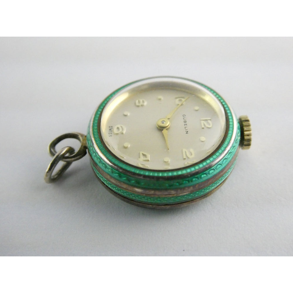 Vintage Gubelin Swiss Green Guilloche Enamel Pendant Watch Sterling Silver WORKS
