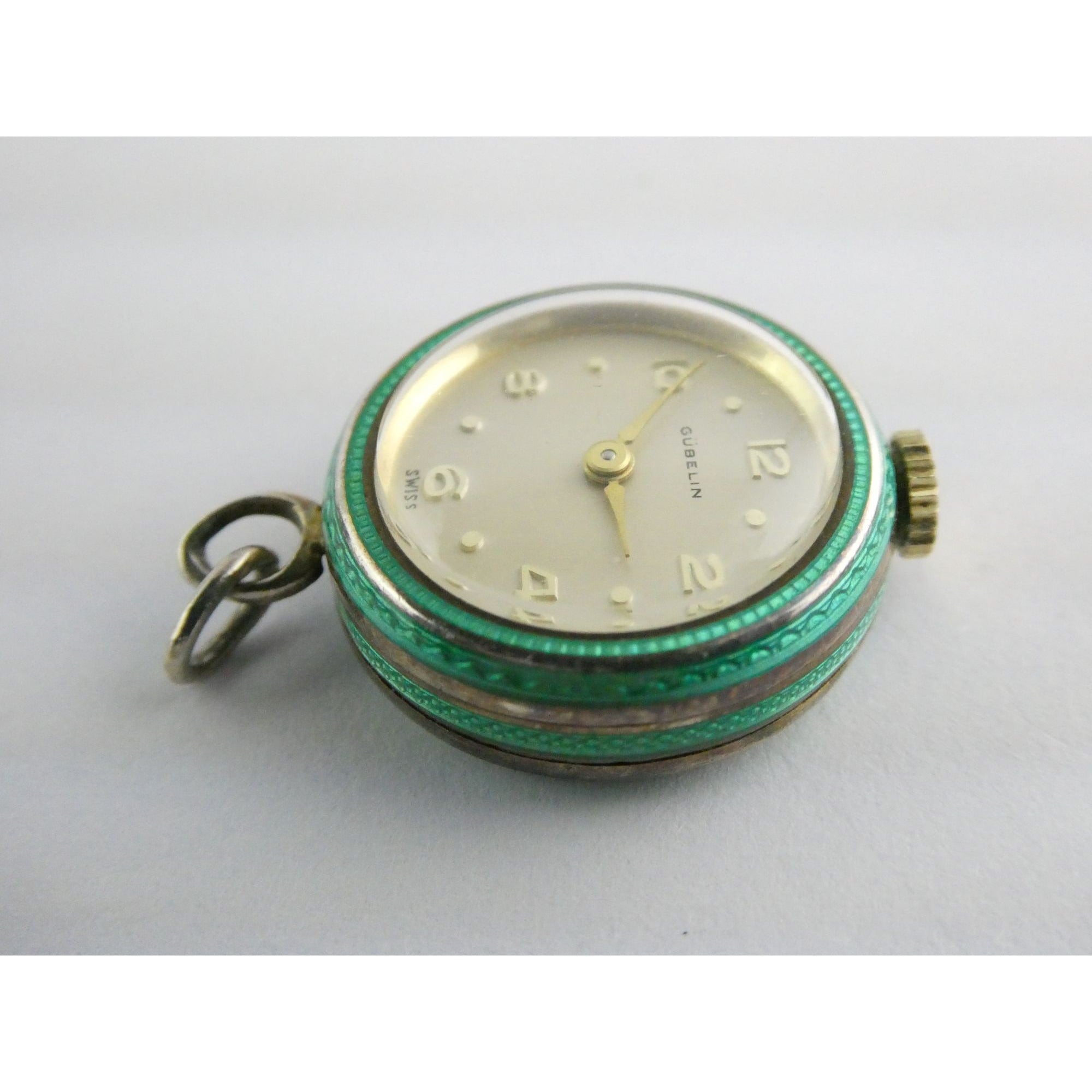 Vintage Gubelin Swiss Green Guilloche Enamel Pendant Watch Sterling Silver WORKS