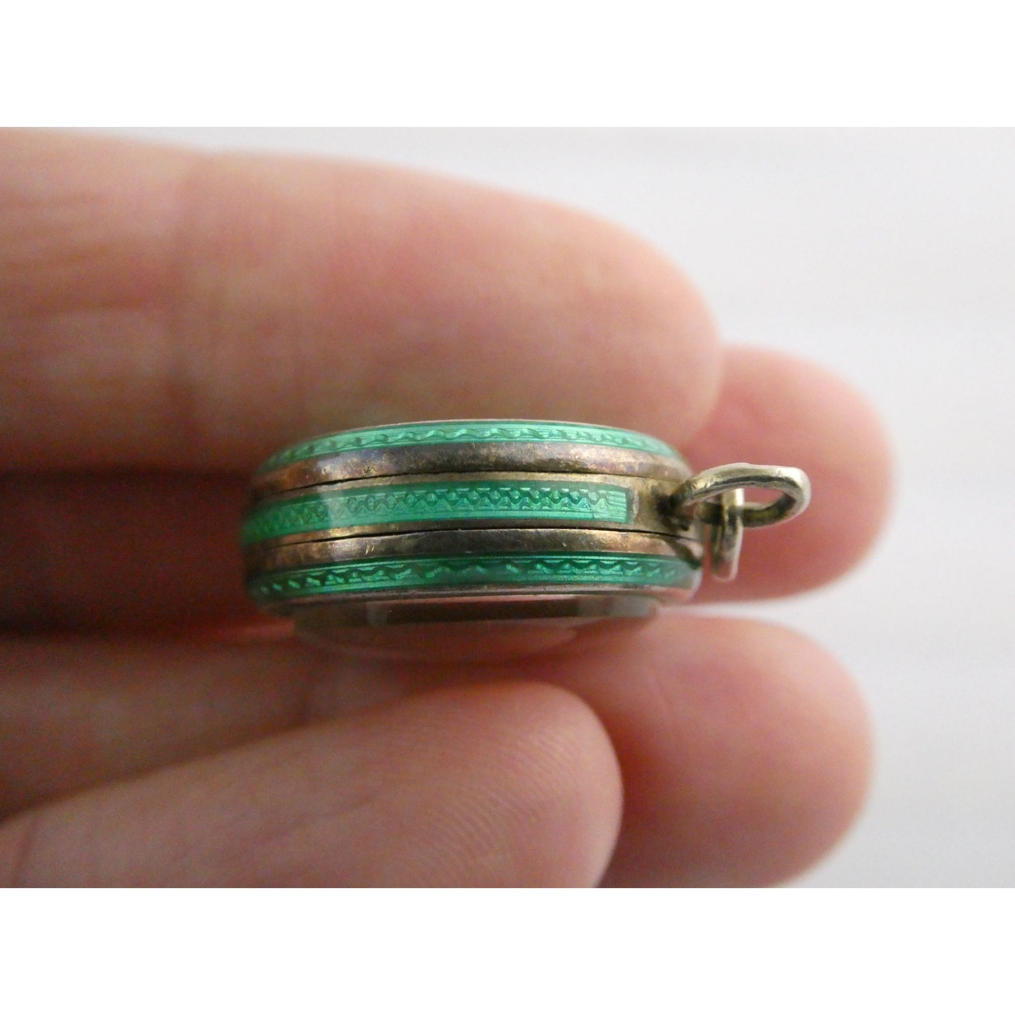 Vintage Gubelin Swiss Green Guilloche Enamel Pendant Watch Sterling Silver WORKS