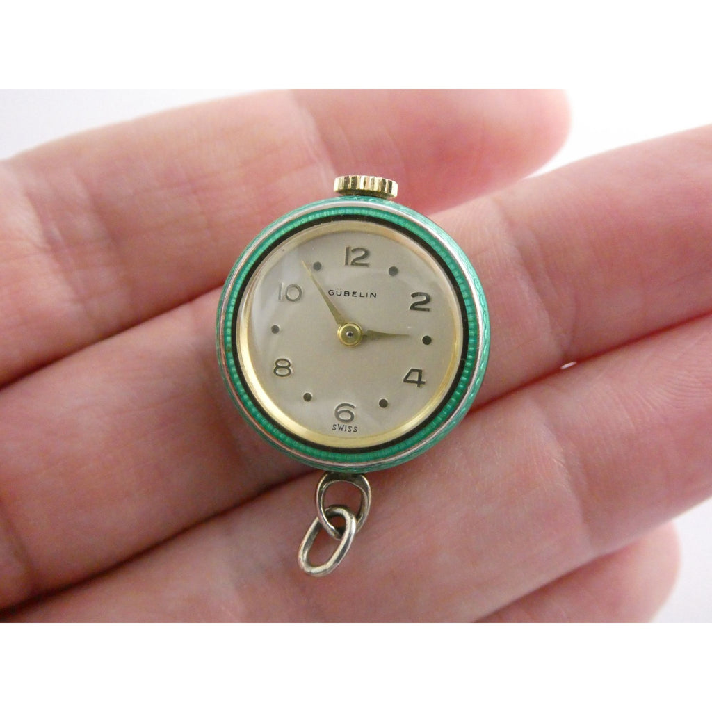 Vintage Gubelin Swiss Green Guilloche Enamel Pendant Watch Sterling Silver WORKS