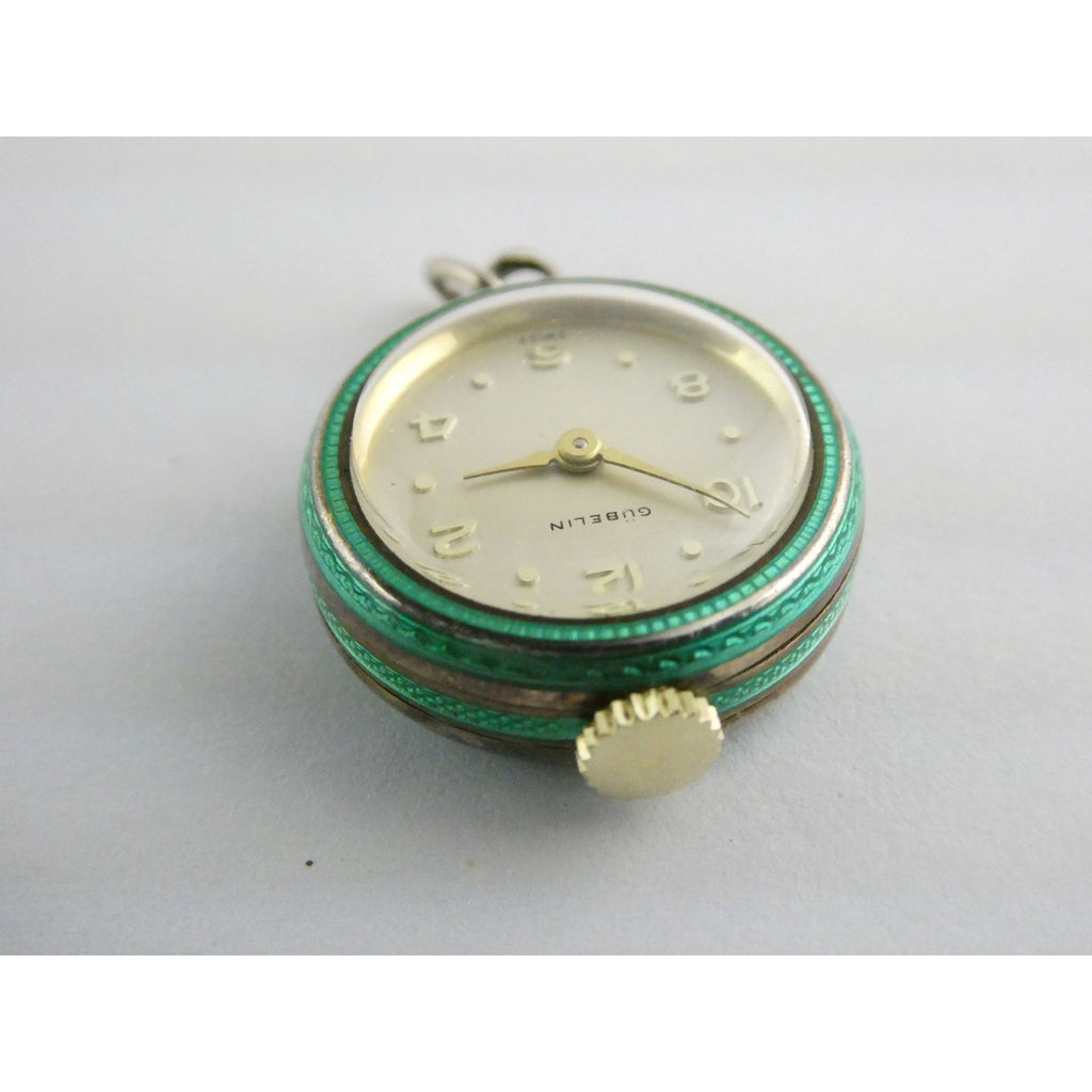 Vintage Gubelin Swiss Green Guilloche Enamel Pendant Watch Sterling Silver WORKS