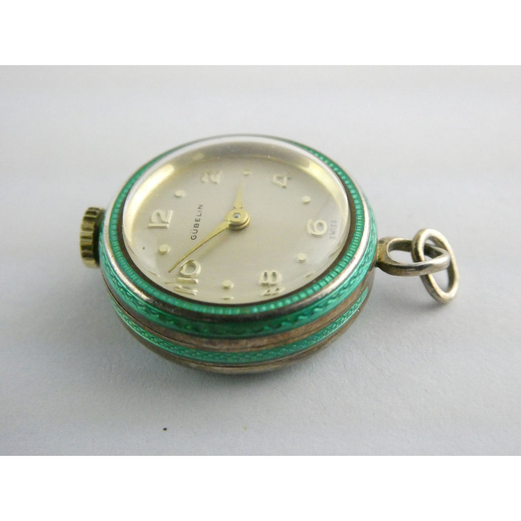 Vintage Gubelin Swiss Green Guilloche Enamel Pendant Watch Sterling Silver WORKS
