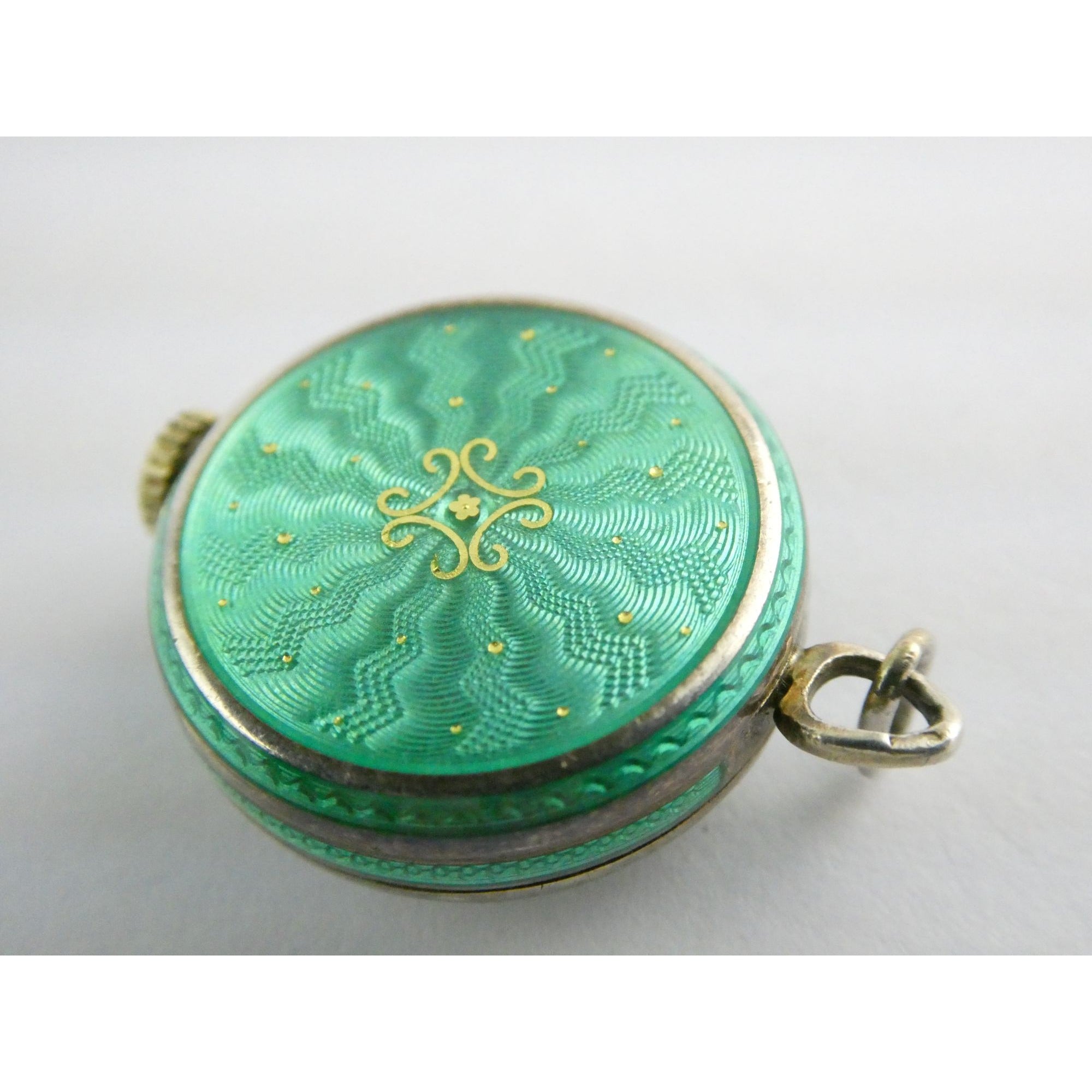 Vintage Gubelin Swiss Green Guilloche Enamel Pendant Watch Sterling Silver WORKS