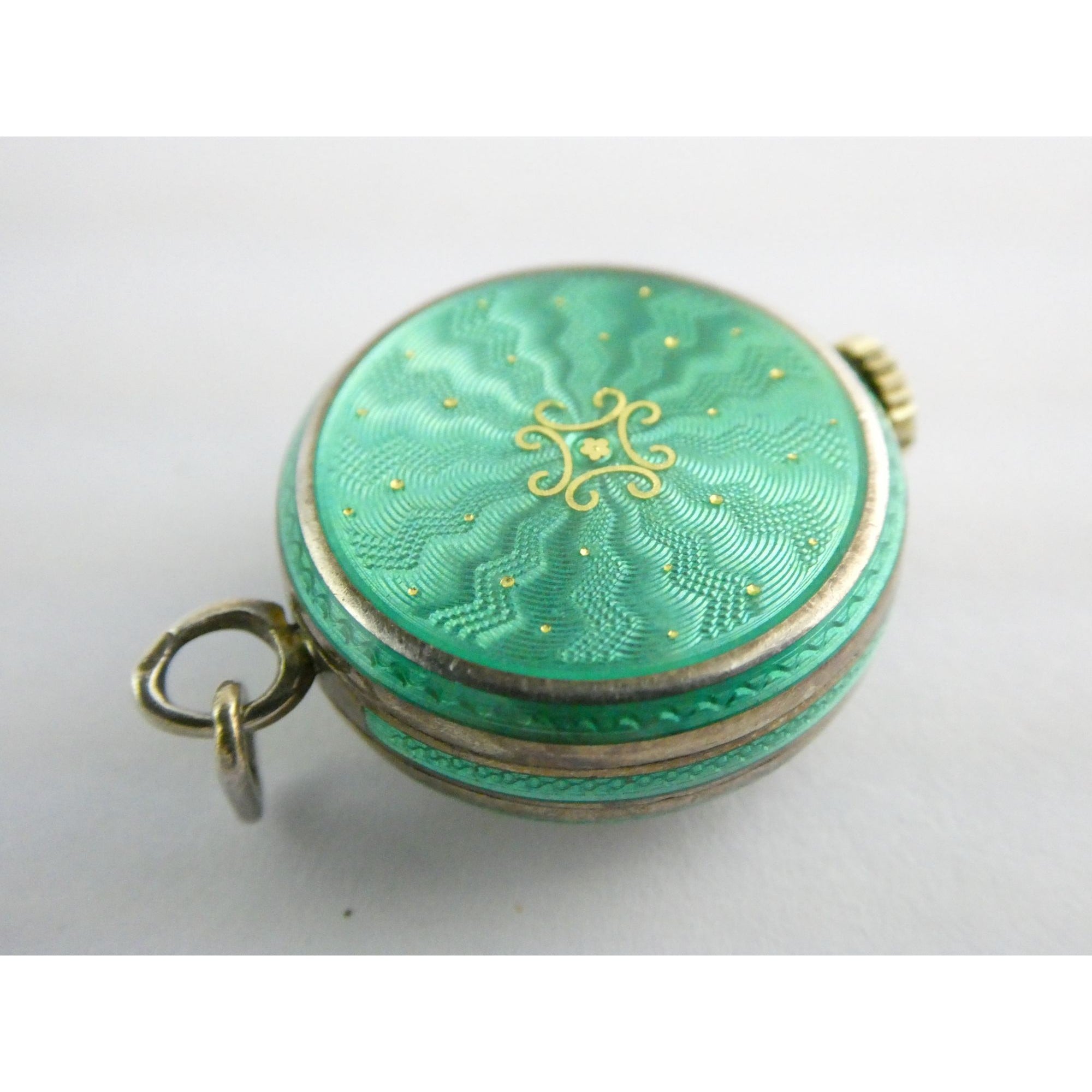 Vintage Gubelin Swiss Green Guilloche Enamel Pendant Watch Sterling Silver WORKS