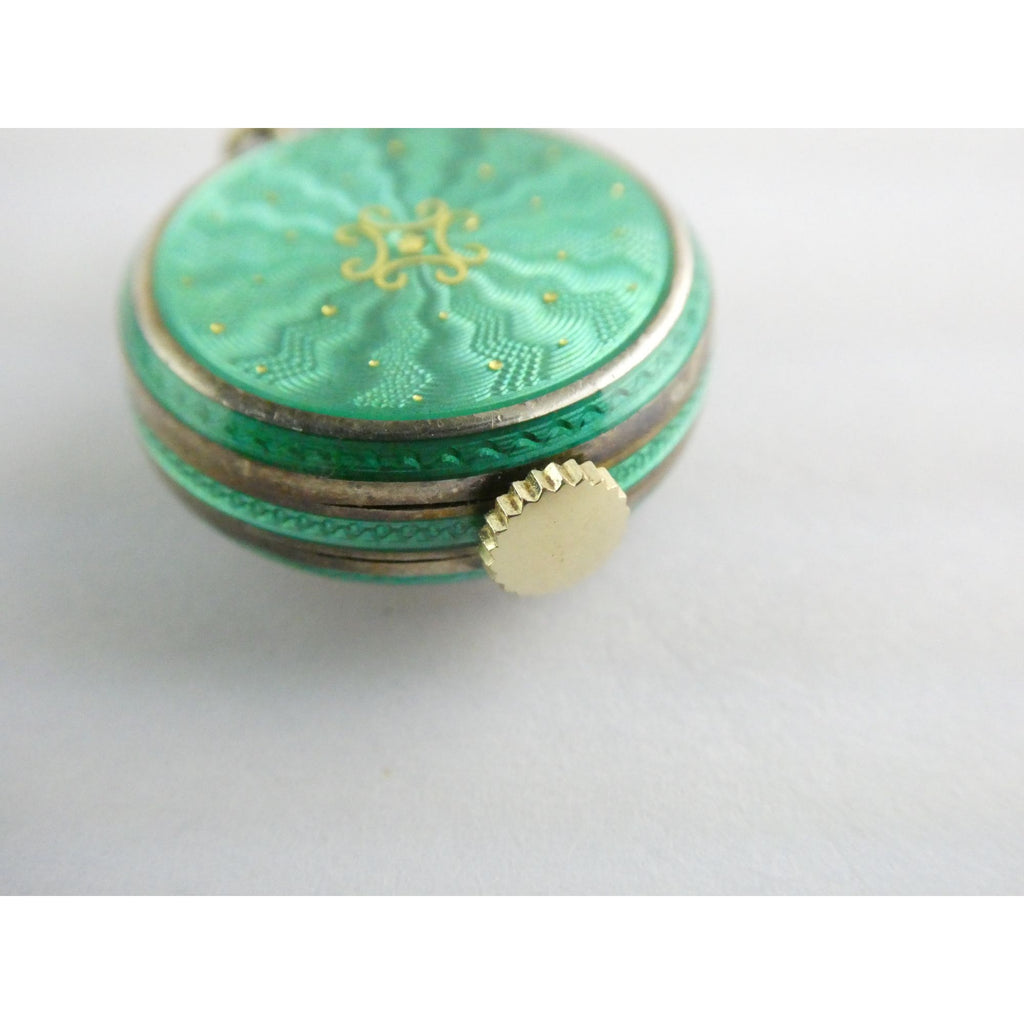 Vintage Gubelin Swiss Green Guilloche Enamel Pendant Watch Sterling Silver WORKS