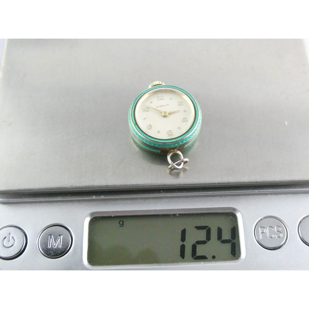 Vintage Gubelin Swiss Green Guilloche Enamel Pendant Watch Sterling Silver WORKS