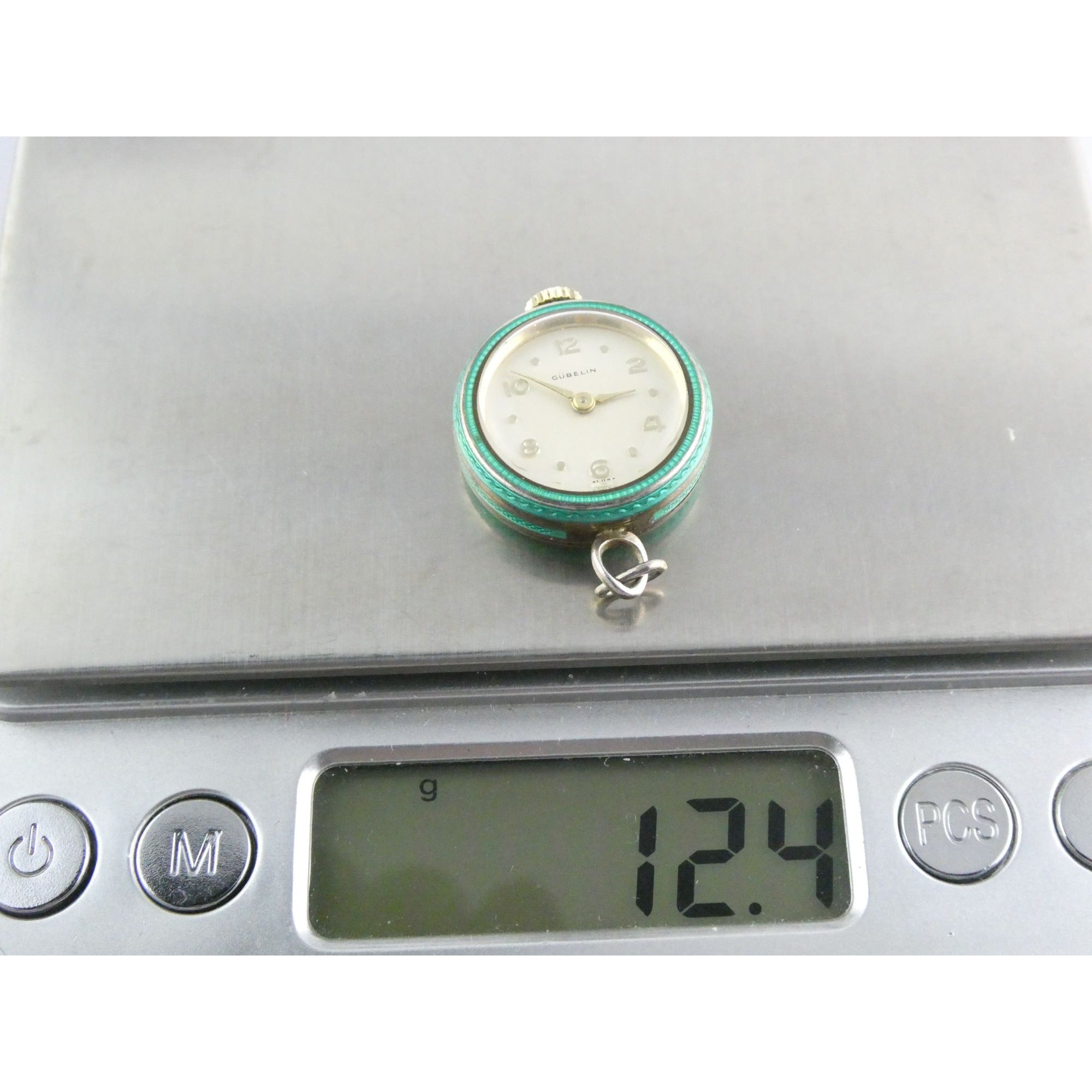 Vintage Gubelin Swiss Green Guilloche Enamel Pendant Watch Sterling Silver WORKS