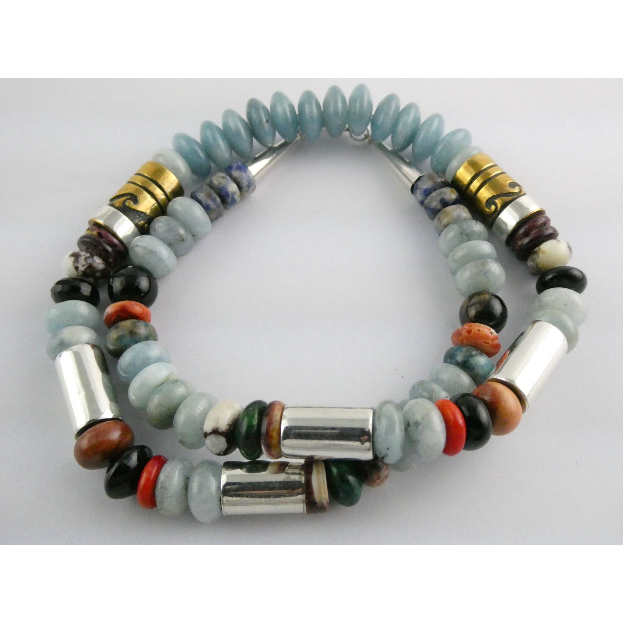Sterling Silver Multi Gemstone Aquamarine Coral Beaded Necklace 21 Inches 80g