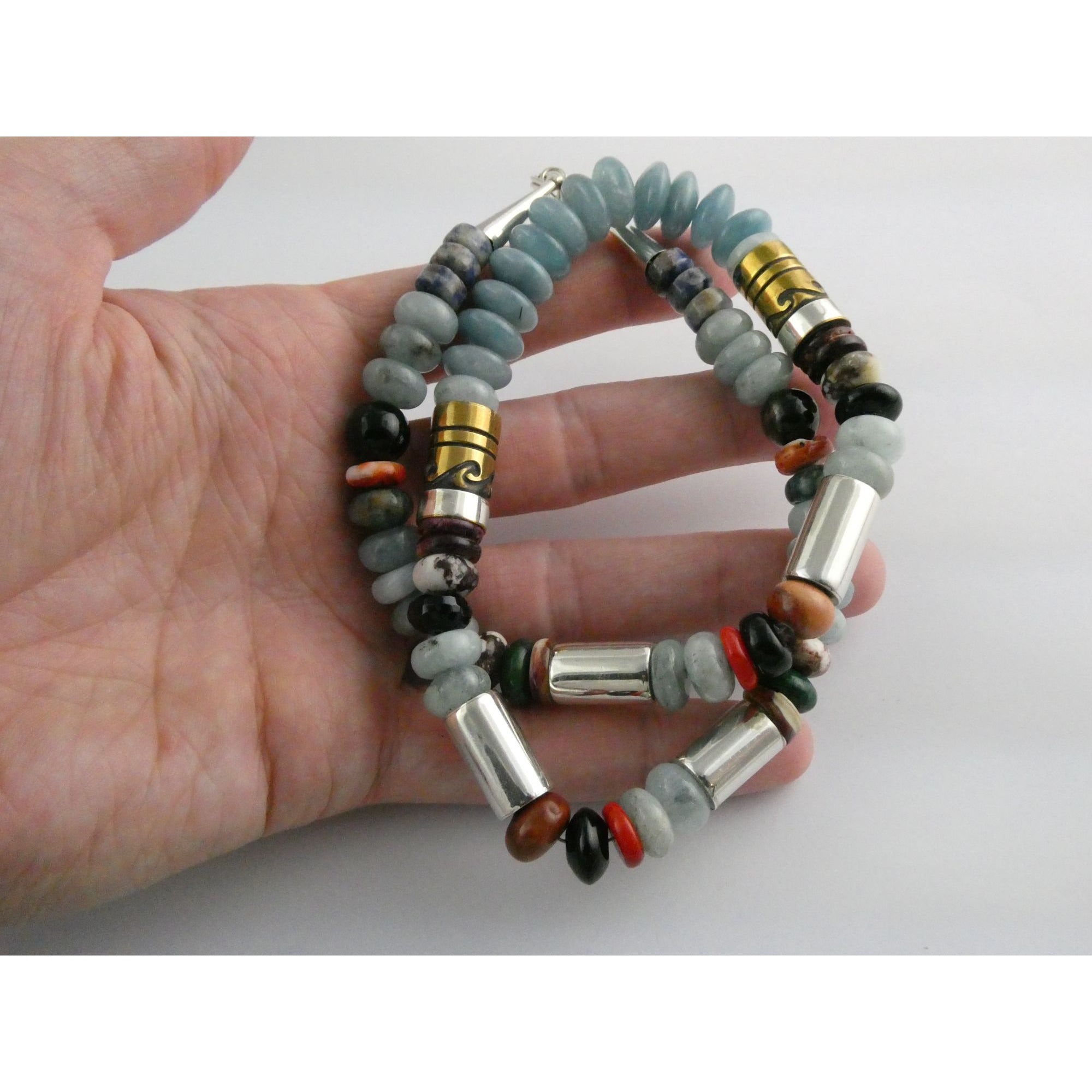 Sterling Silver Multi Gemstone Aquamarine Coral Beaded Necklace 21 Inches 80g