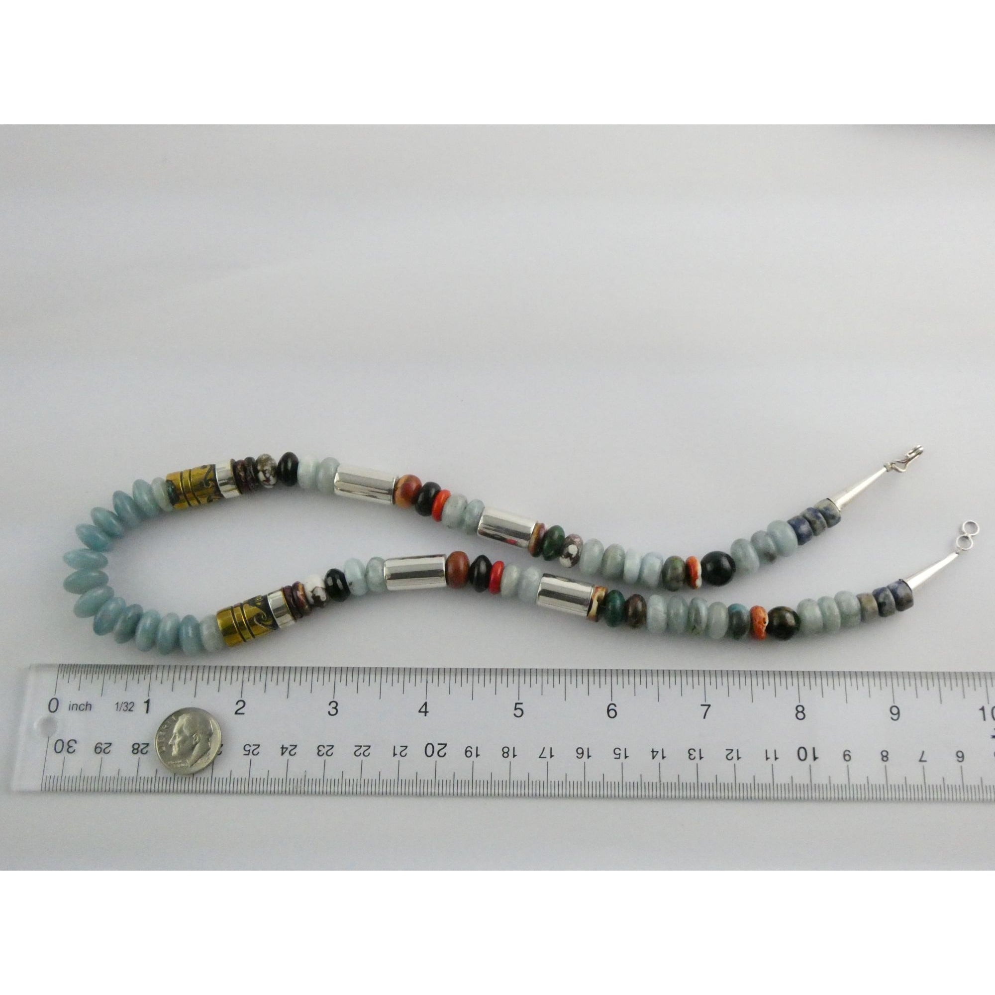Sterling Silver Multi Gemstone Aquamarine Coral Beaded Necklace 21 Inches 80g