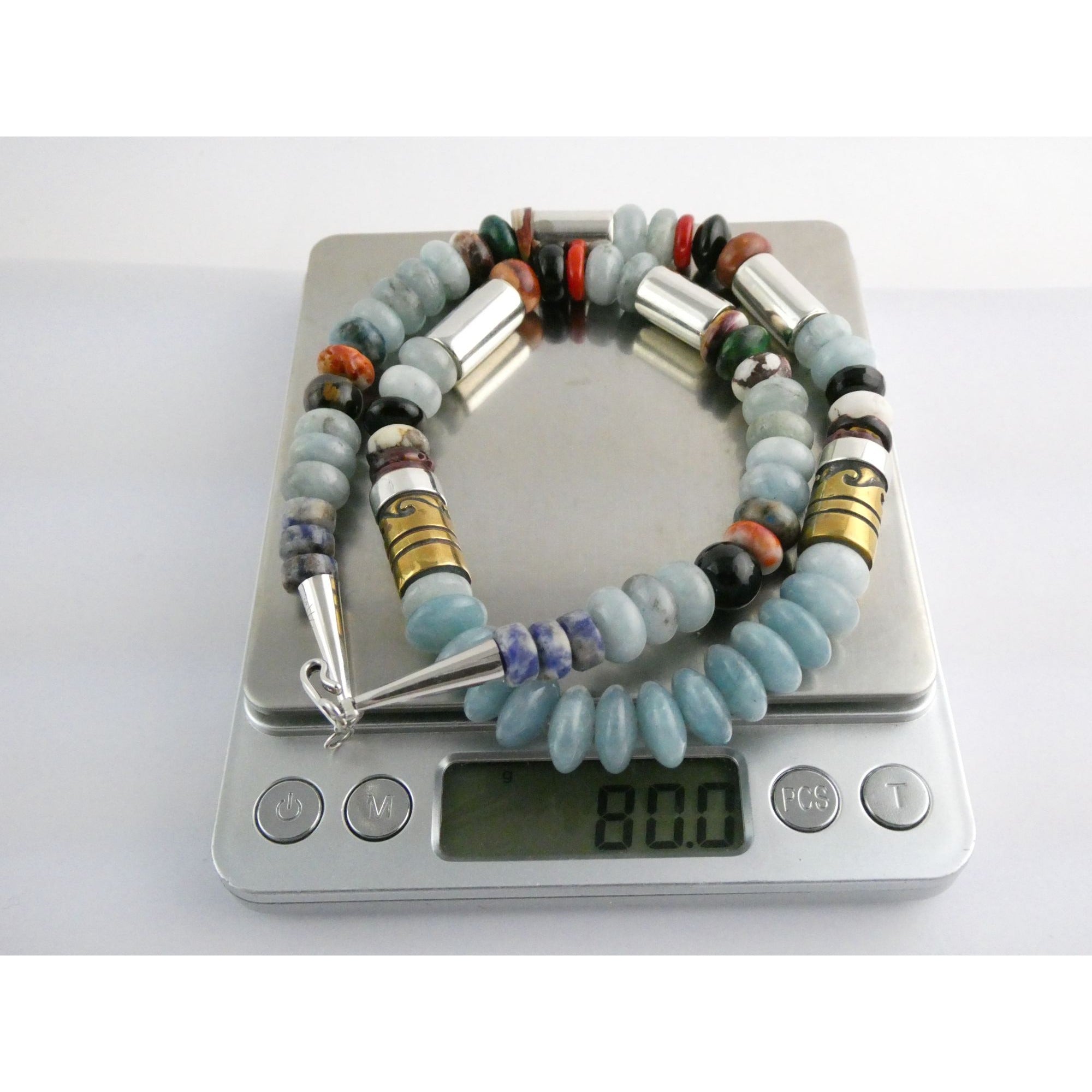Sterling Silver Multi Gemstone Aquamarine Coral Beaded Necklace 21 Inches 80g