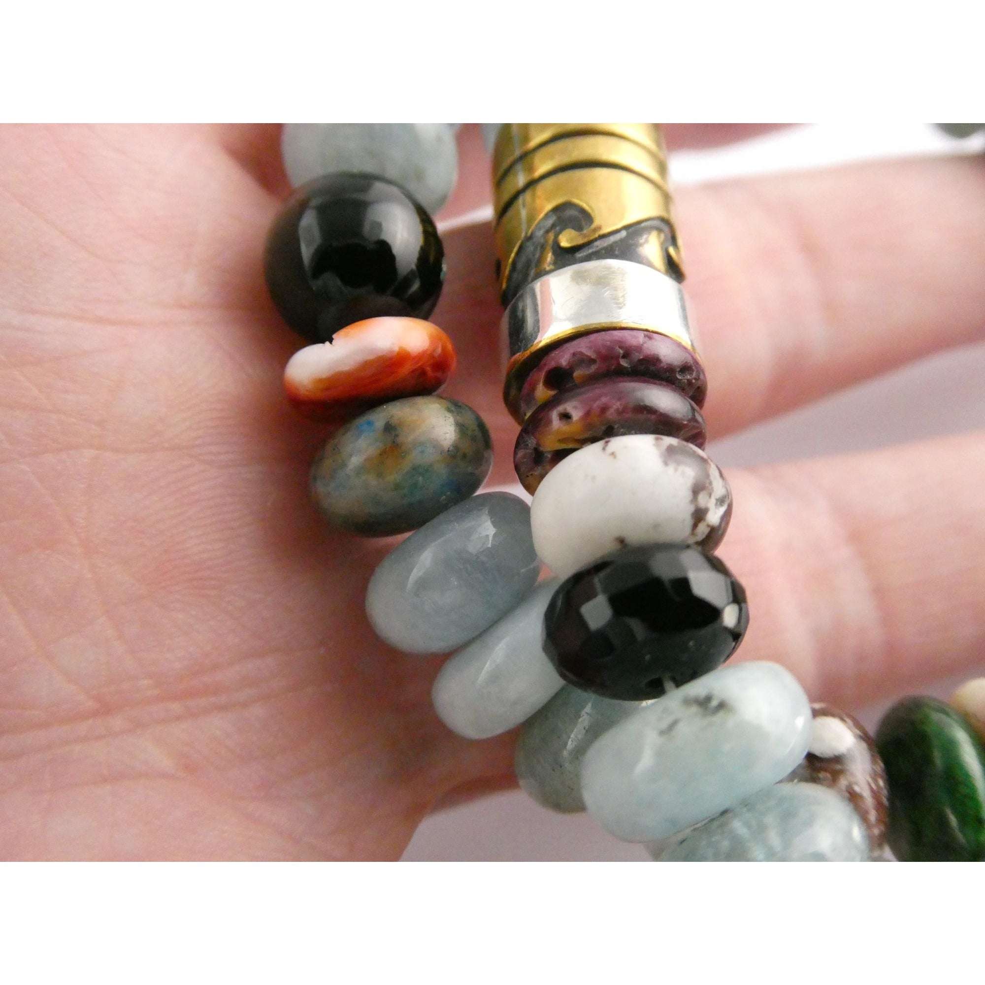 Sterling Silver Multi Gemstone Aquamarine Coral Beaded Necklace 21 Inches 80g