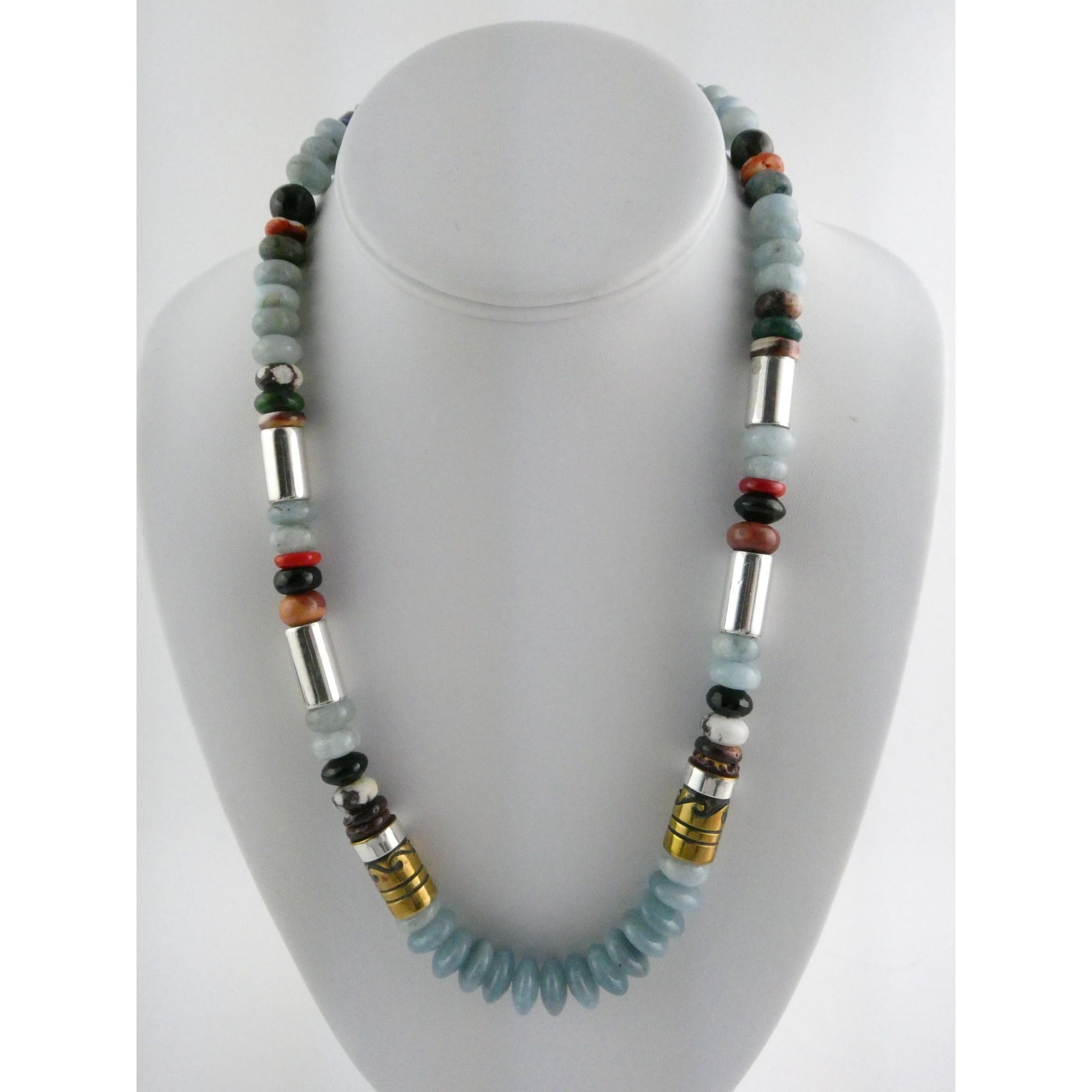 Sterling Silver Multi Gemstone Aquamarine Coral Beaded Necklace 21 Inches 80g