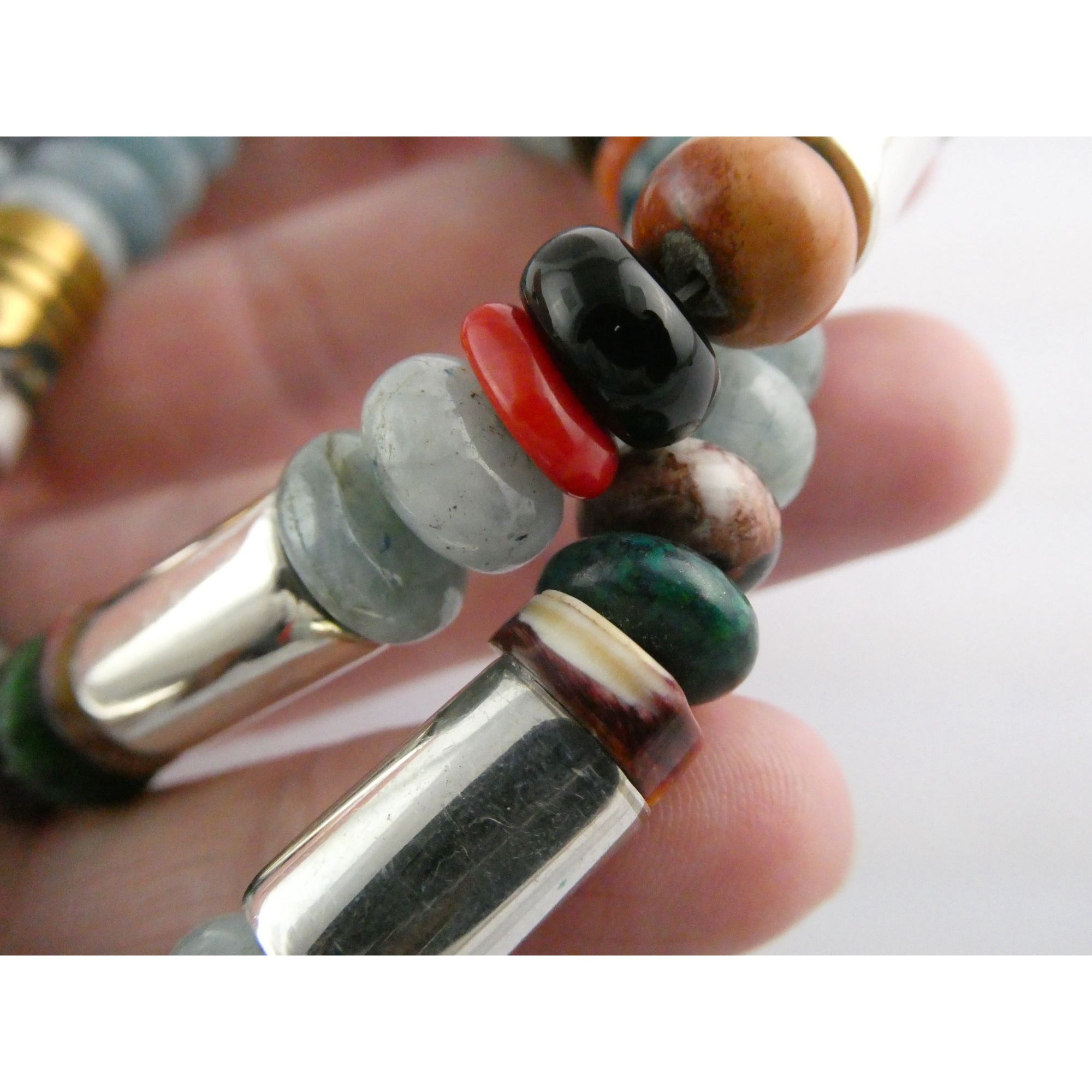 Sterling Silver Multi Gemstone Aquamarine Coral Beaded Necklace 21 Inches 80g