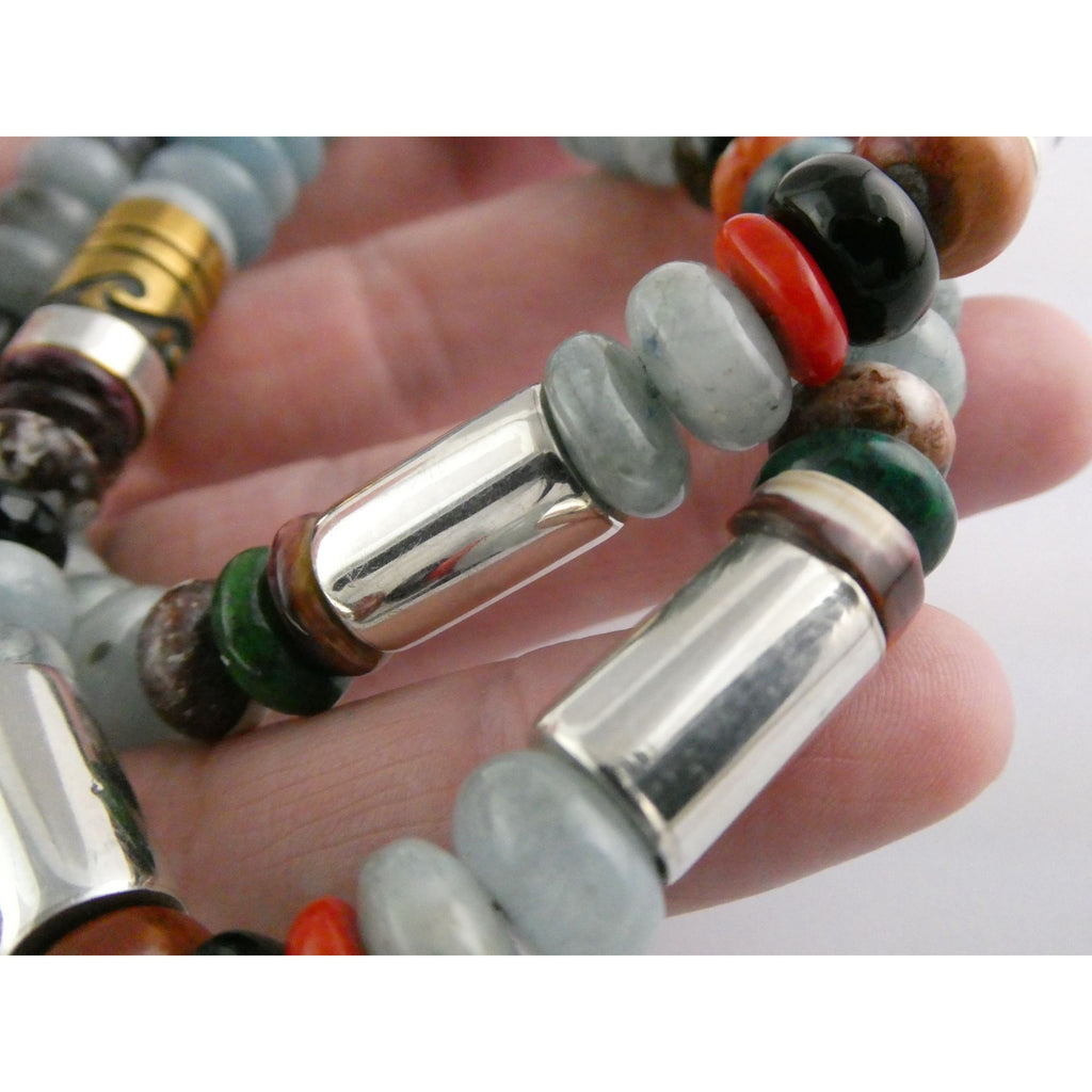 Sterling Silver Multi Gemstone Aquamarine Coral Beaded Necklace 21 Inches 80g