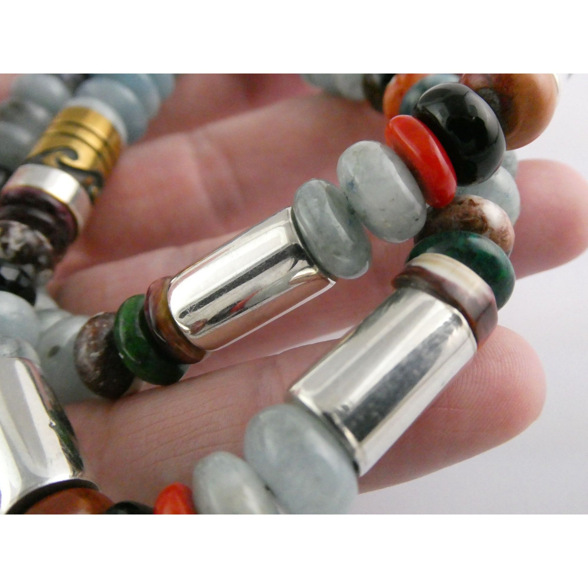 Sterling Silver Multi Gemstone Aquamarine Coral Beaded Necklace 21 Inches 80g