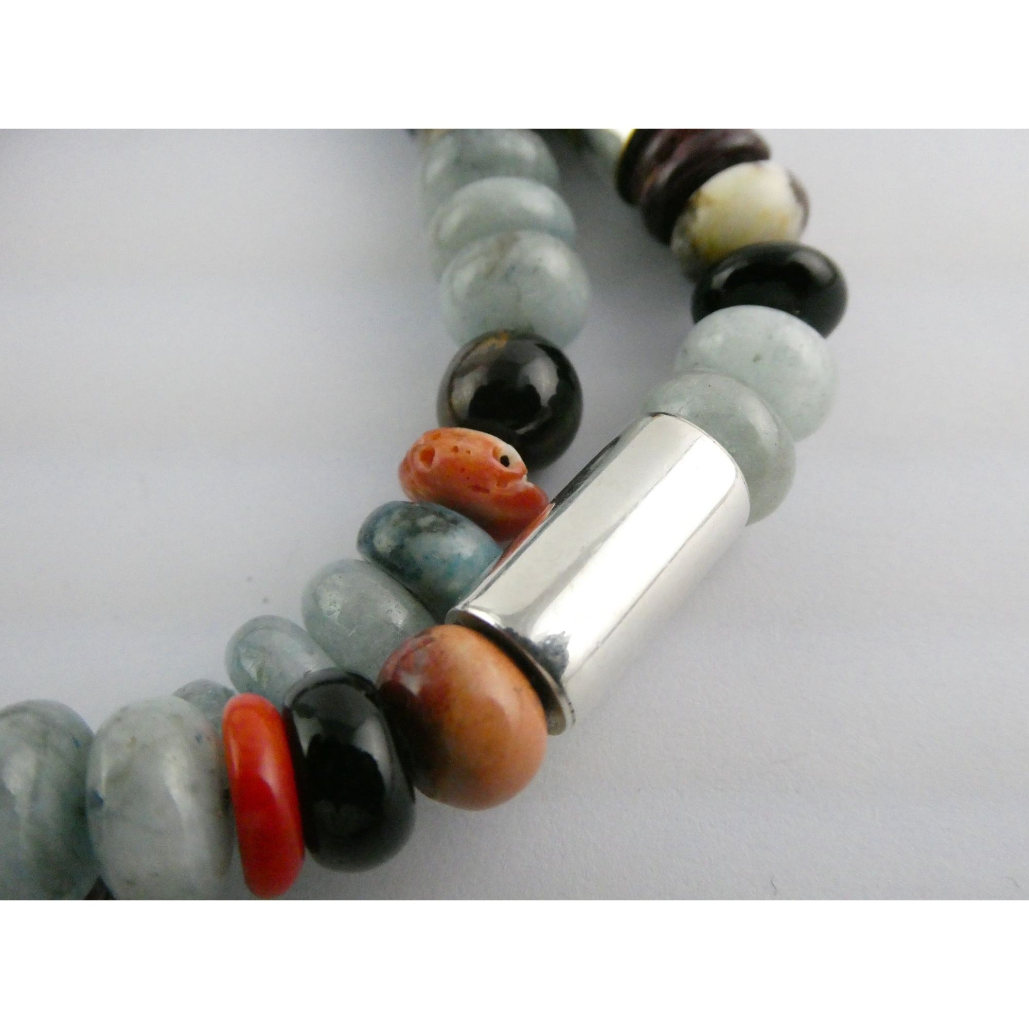 Sterling Silver Multi Gemstone Aquamarine Coral Beaded Necklace 21 Inches 80g