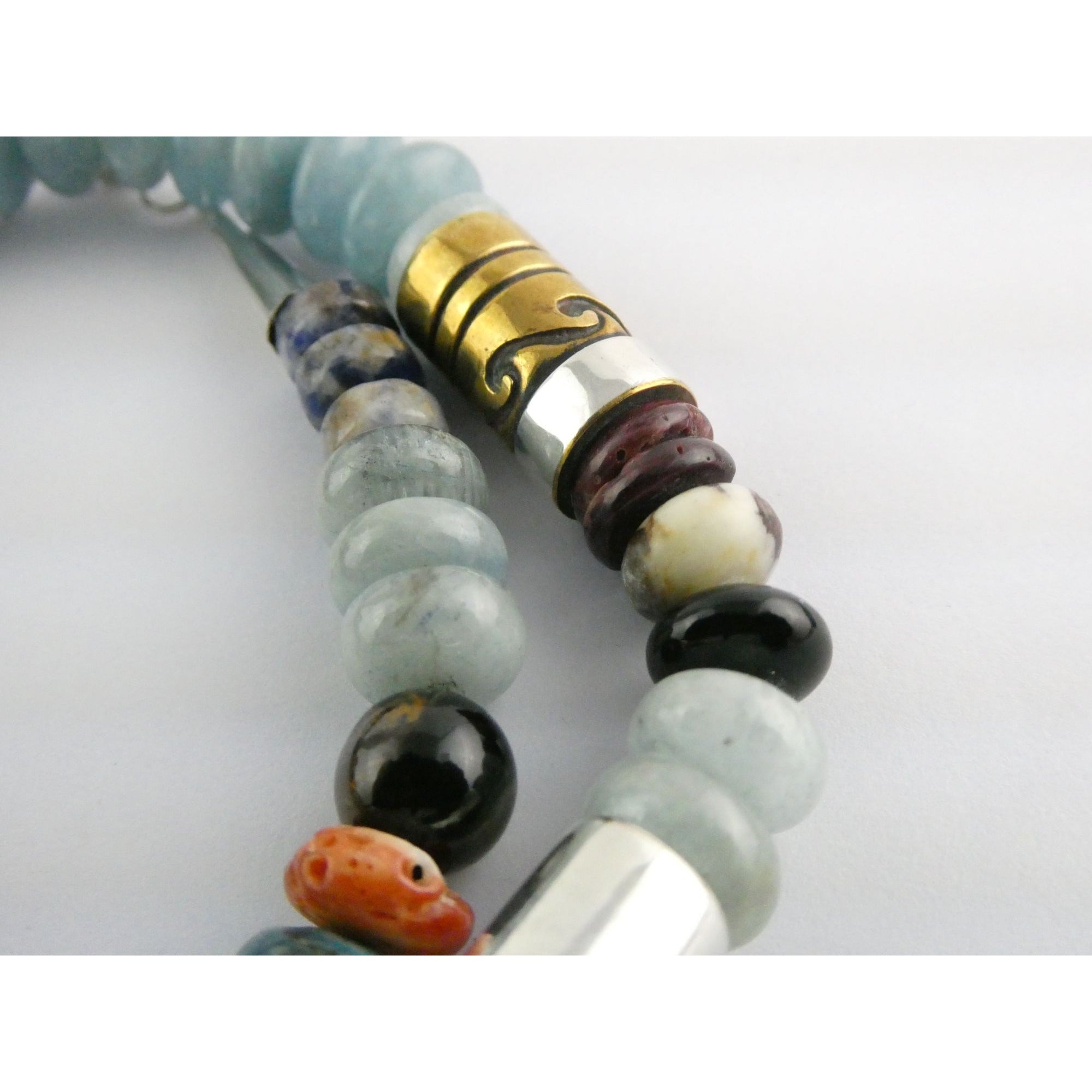 Sterling Silver Multi Gemstone Aquamarine Coral Beaded Necklace 21 Inches 80g