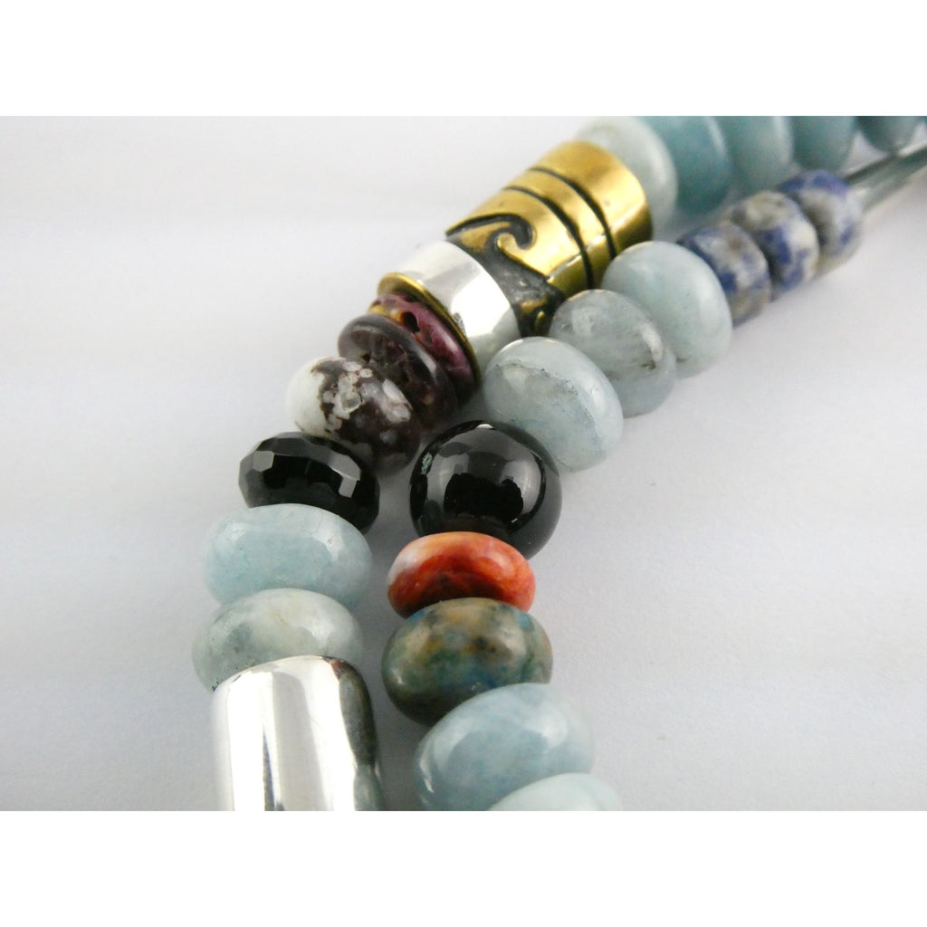 Sterling Silver Multi Gemstone Aquamarine Coral Beaded Necklace 21 Inches 80g