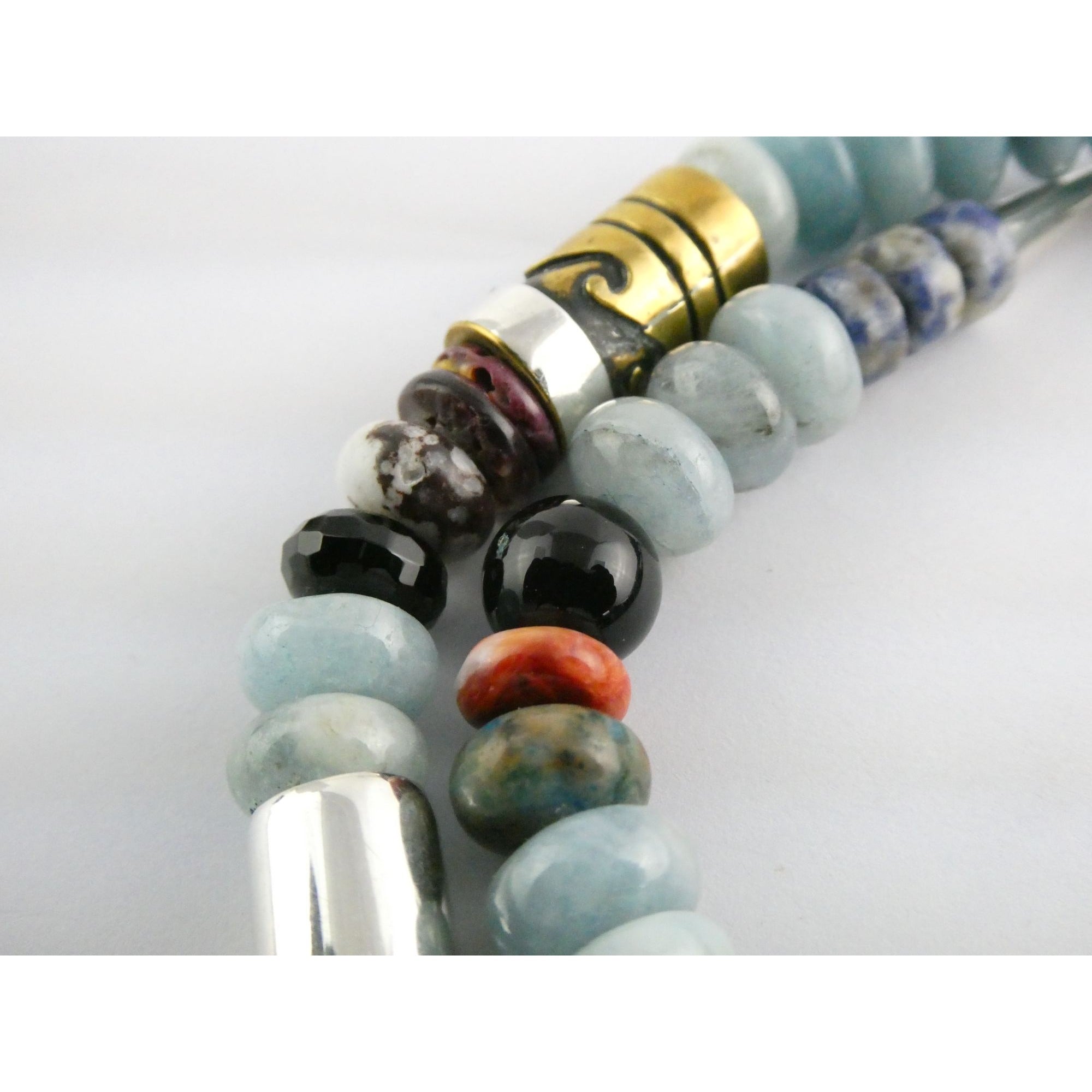 Sterling Silver Multi Gemstone Aquamarine Coral Beaded Necklace 21 Inches 80g