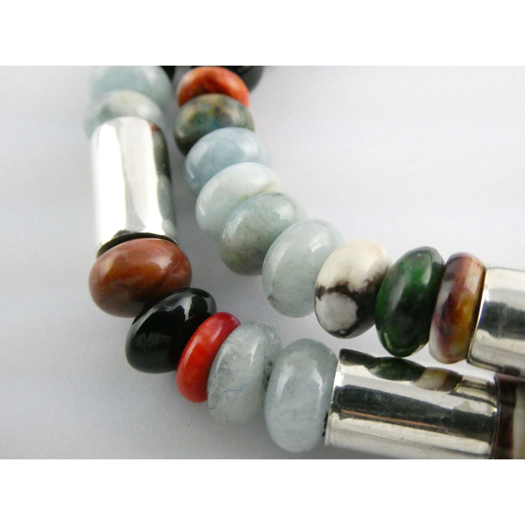 Sterling Silver Multi Gemstone Aquamarine Coral Beaded Necklace 21 Inches 80g