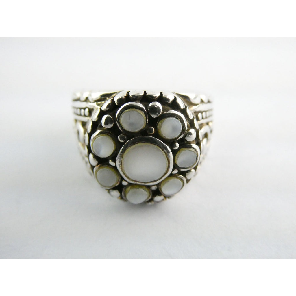 Sterling Silver MOP Shell Floral Design Ornate Scrollwork Ring Size 8 9g