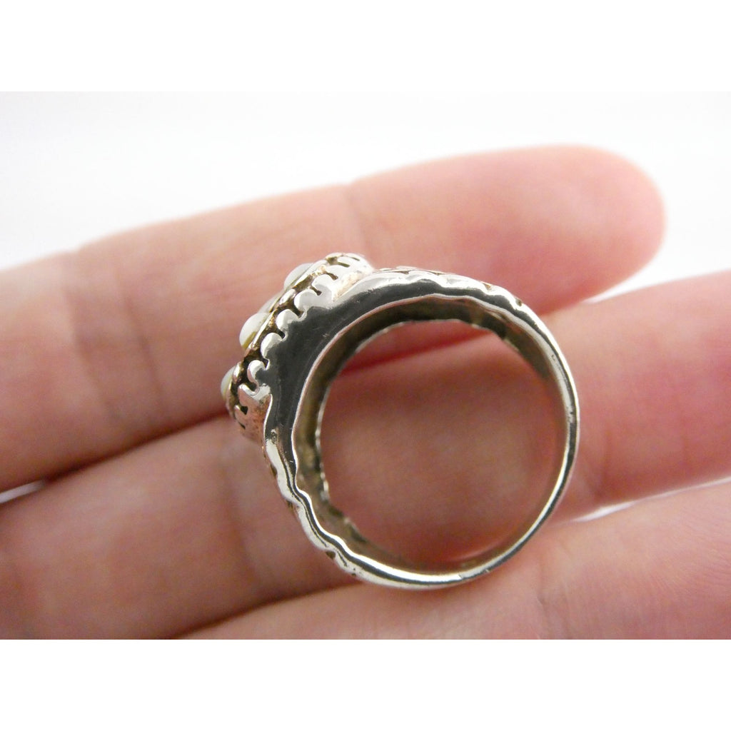 Sterling Silver MOP Shell Floral Design Ornate Scrollwork Ring Size 8 9g