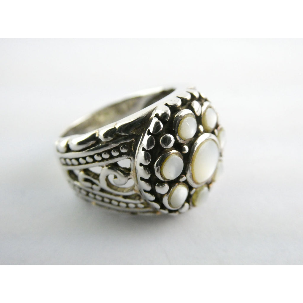 Sterling Silver MOP Shell Floral Design Ornate Scrollwork Ring Size 8 9g