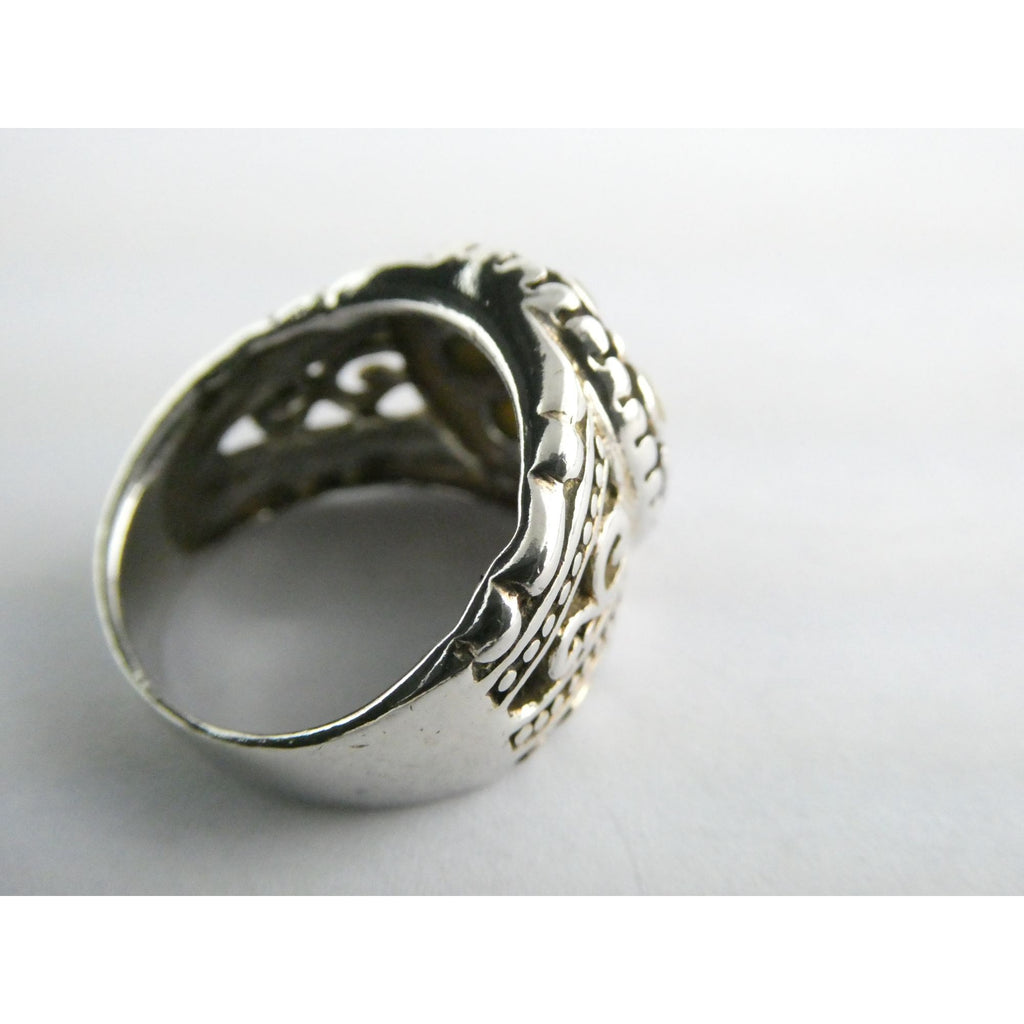 Sterling Silver MOP Shell Floral Design Ornate Scrollwork Ring Size 8 9g